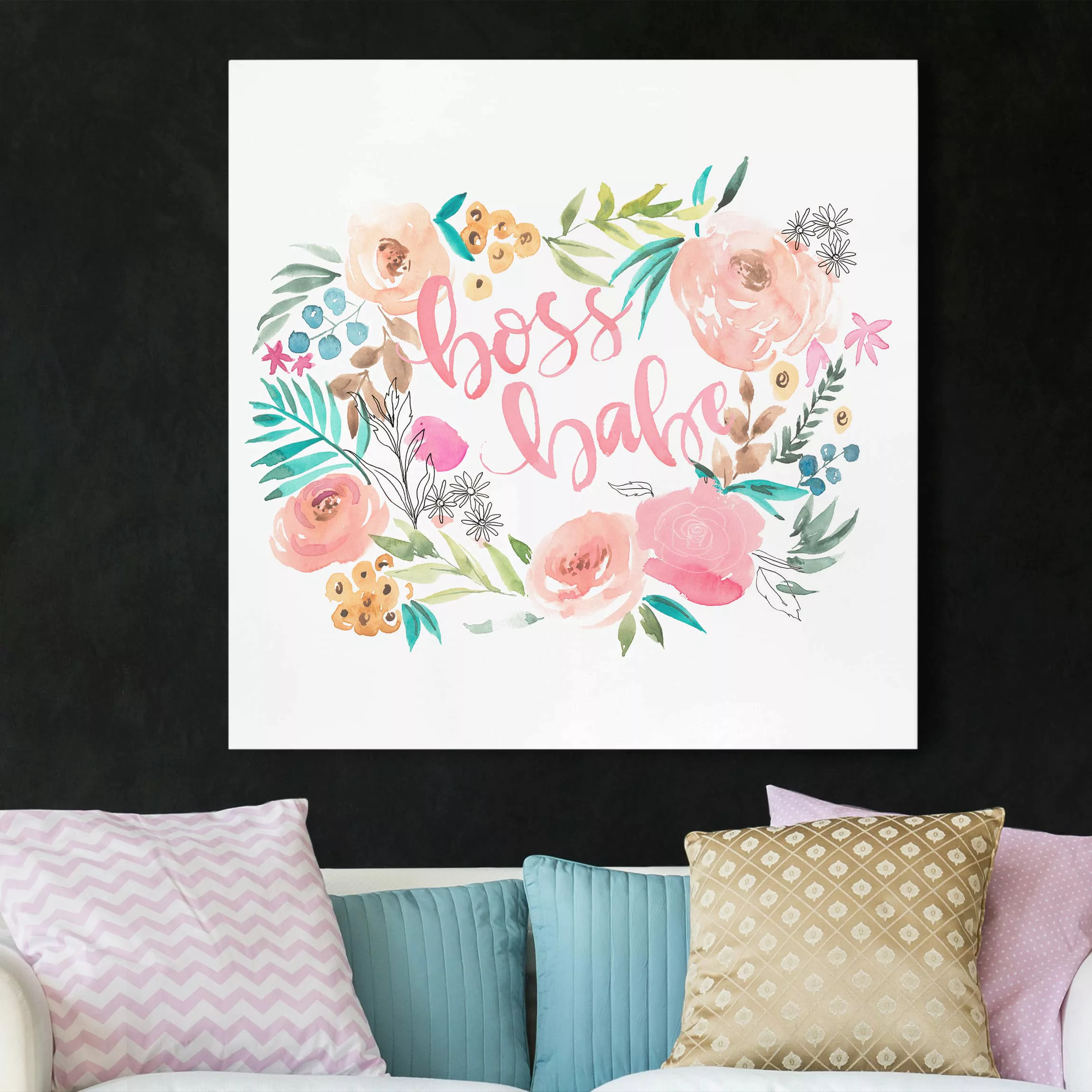 Leinwandbild Kinderzimmer - Quadrat Rosa Blüten - Boss Babe günstig online kaufen
