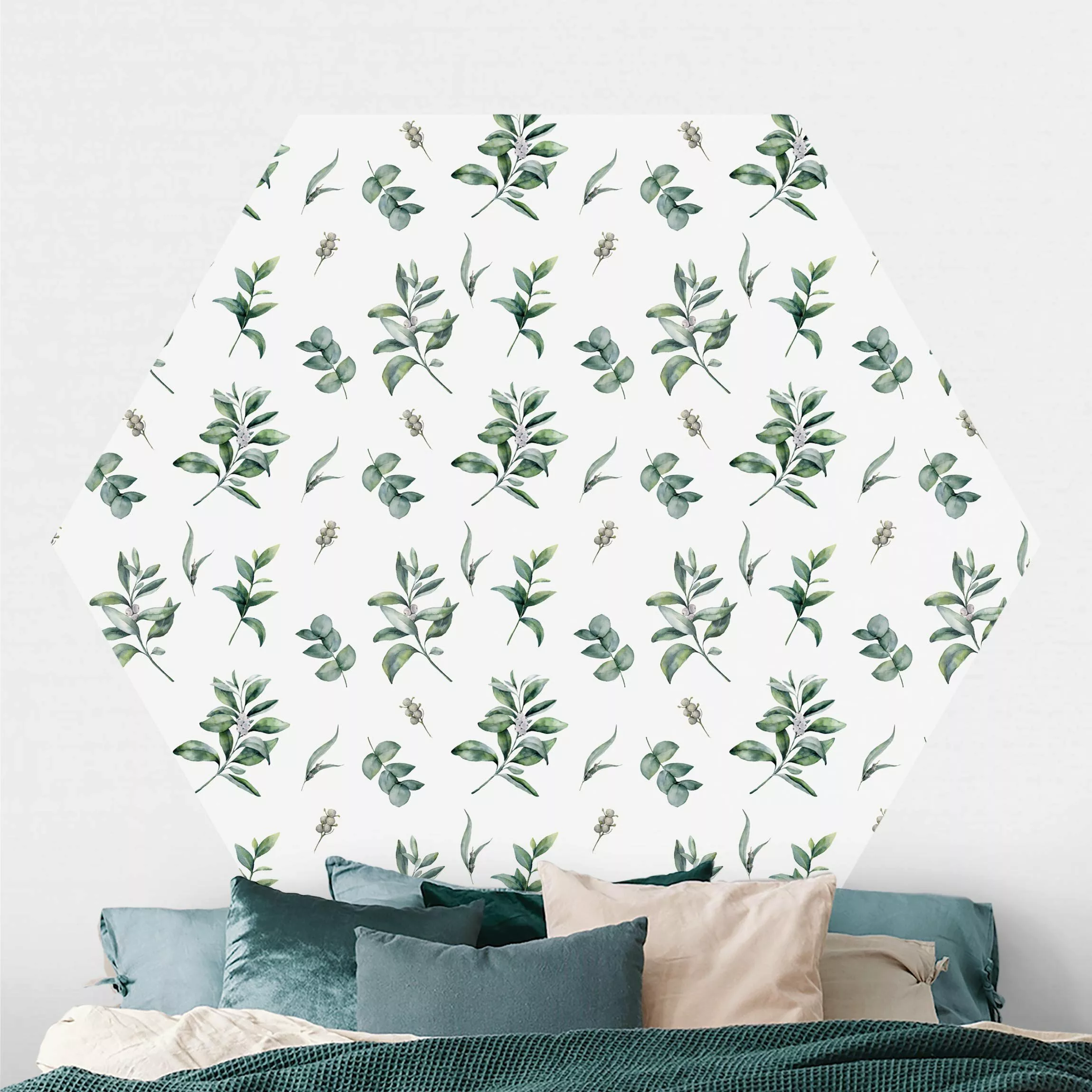 Hexagon Mustertapete selbstklebend Aquarell Muster Zweige und Blätter günstig online kaufen
