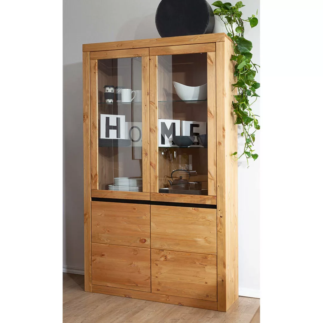 Wohnzimmer Vitrinenschrank Massivholz WILSON-69 in Kiefer massiv eichefarbi günstig online kaufen