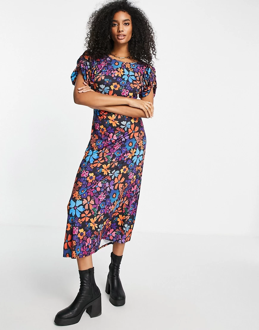 ASOS DESIGN – Midikleid mit leuchtendem Blumenmuster und Puffärmeln-Mehrfar günstig online kaufen