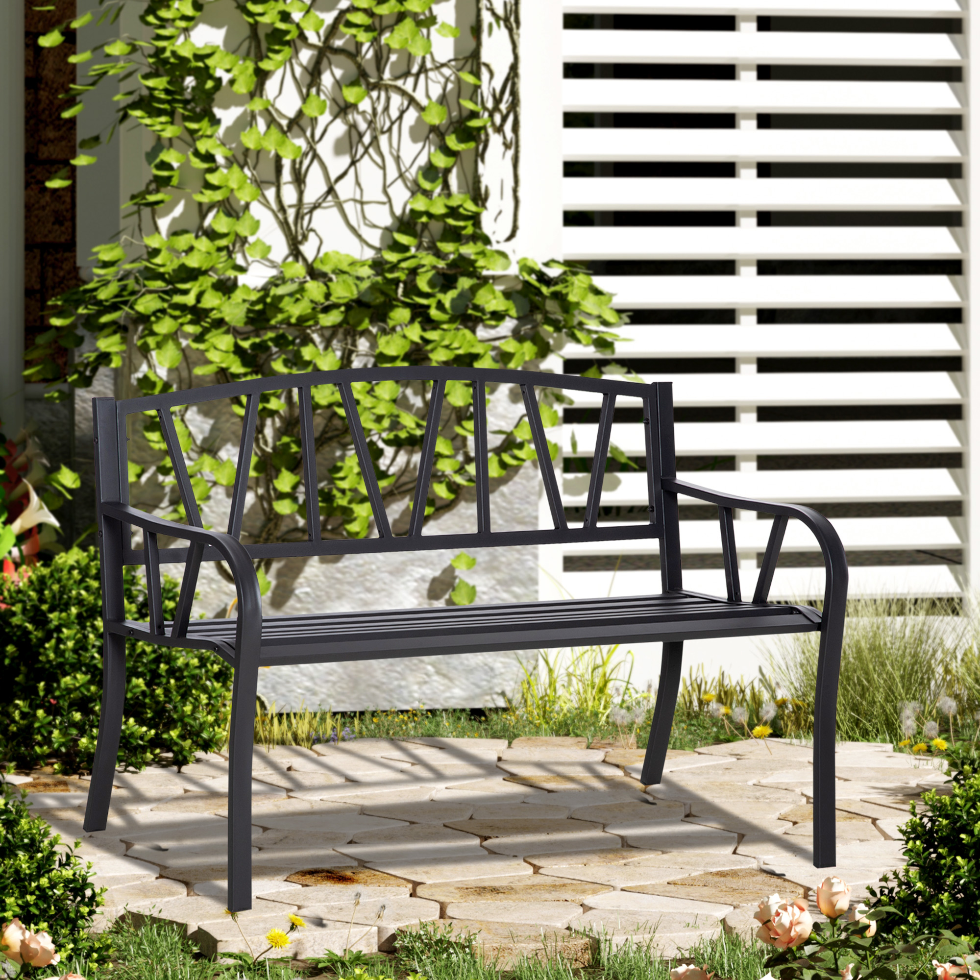 Outsunny Gartenbank aus wetterfestem Schwarzem Metall, Gartenbank im Freien günstig online kaufen