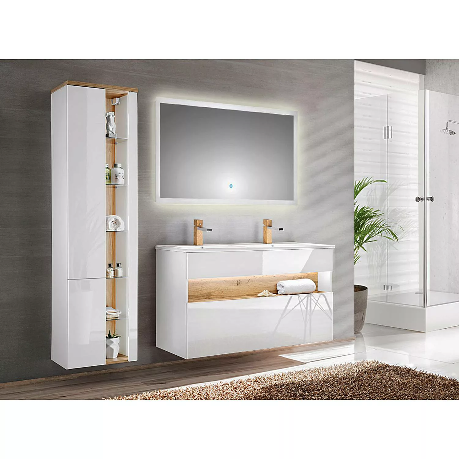 Badezimmer Set mit Doppel-Becken inkl. LED-Spiegel BERMUDA-56 in Weiß-Hochg günstig online kaufen