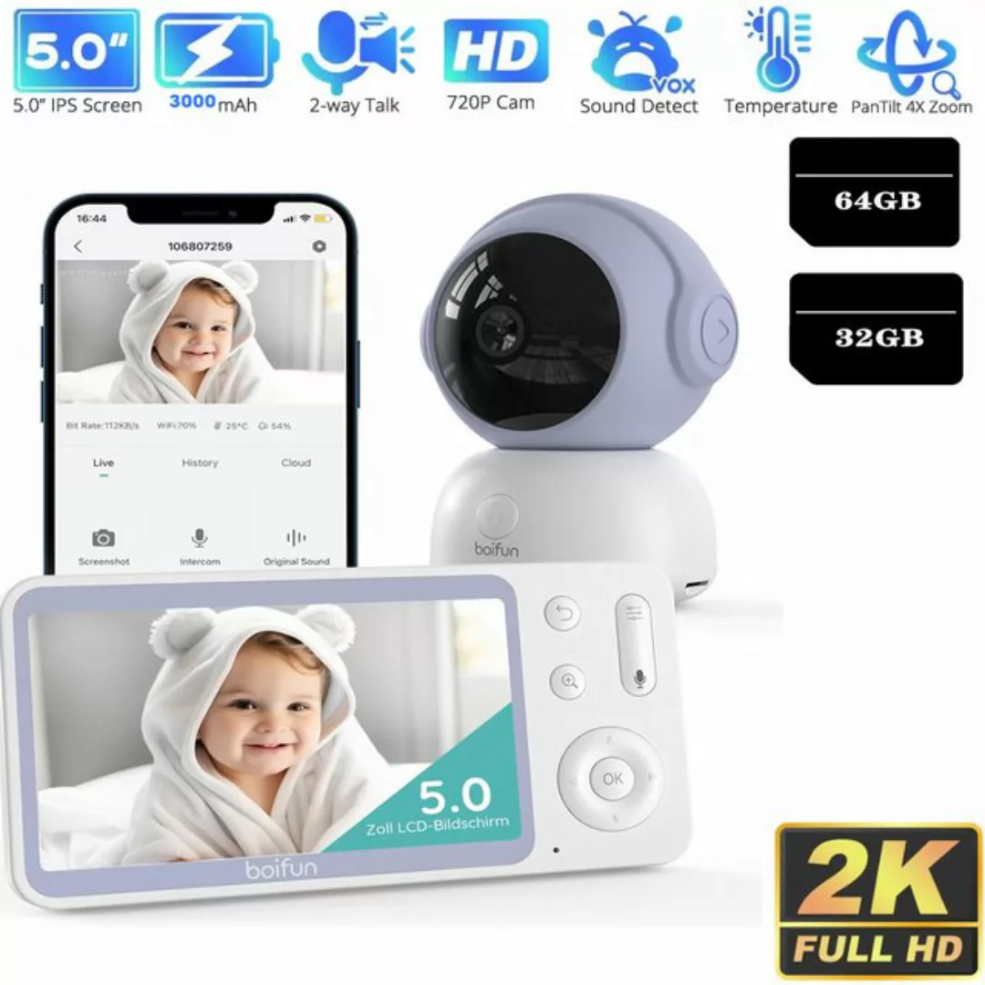 Boifun Video-Babyphone Babyphone 720P mit Kamera 5 Zoll Baby Monitor, mit K günstig online kaufen