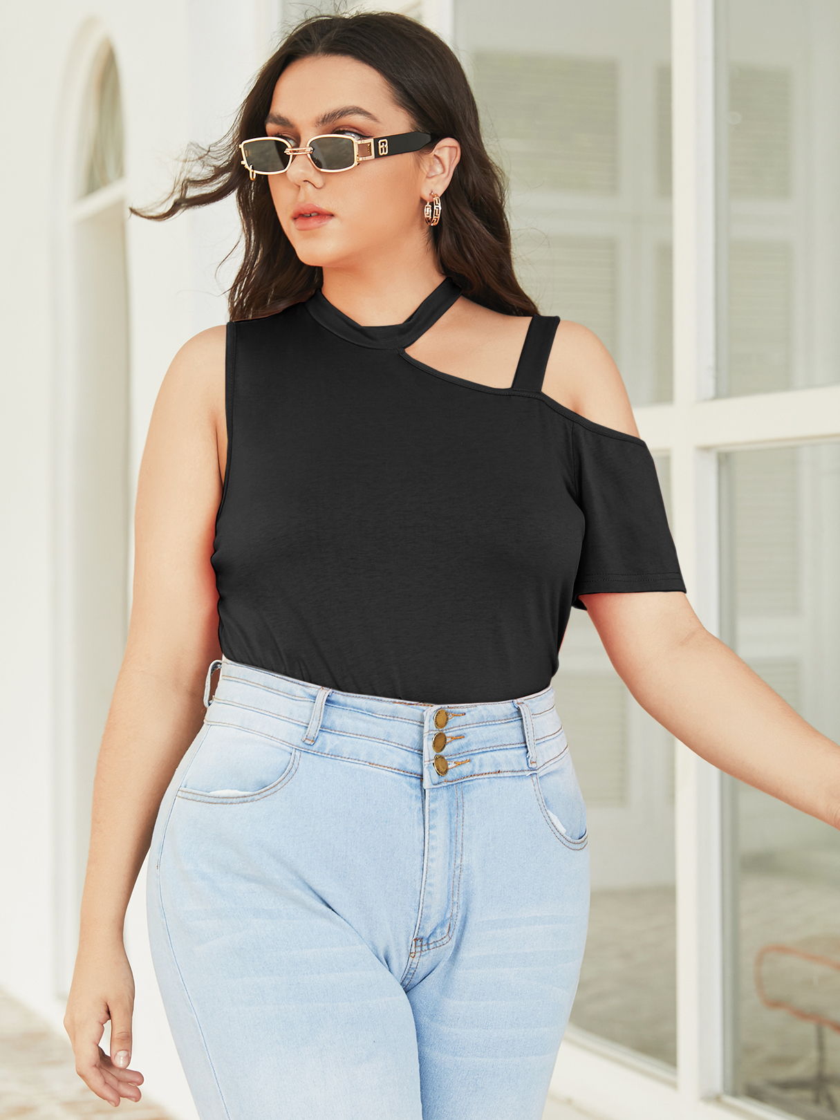 YOINS Plus Größe Cold Shoulder Kurzarm T-Shirt günstig online kaufen