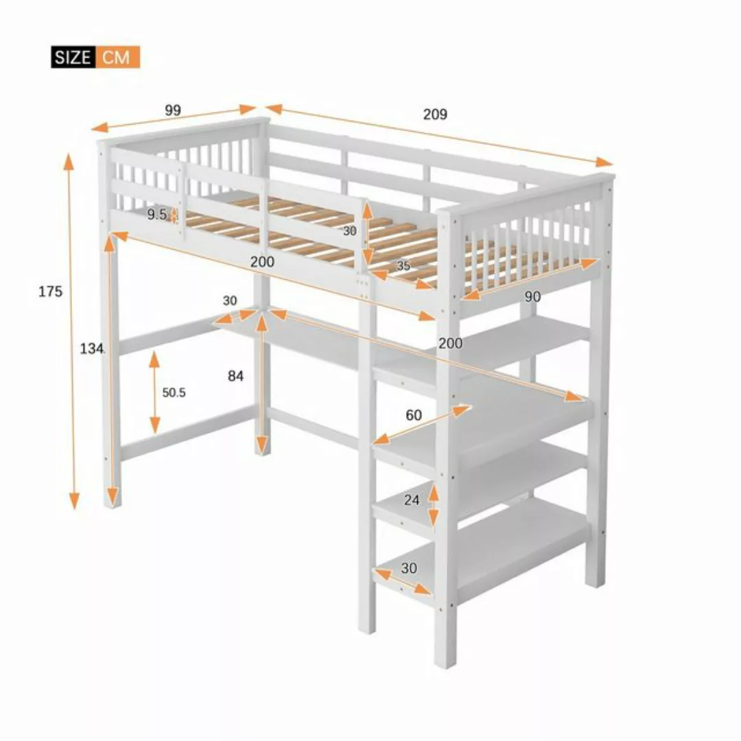 Flieks Hochbett Kiefernholzbett Kinderbett Lattenrost 90x200cm onhe Stuhl günstig online kaufen