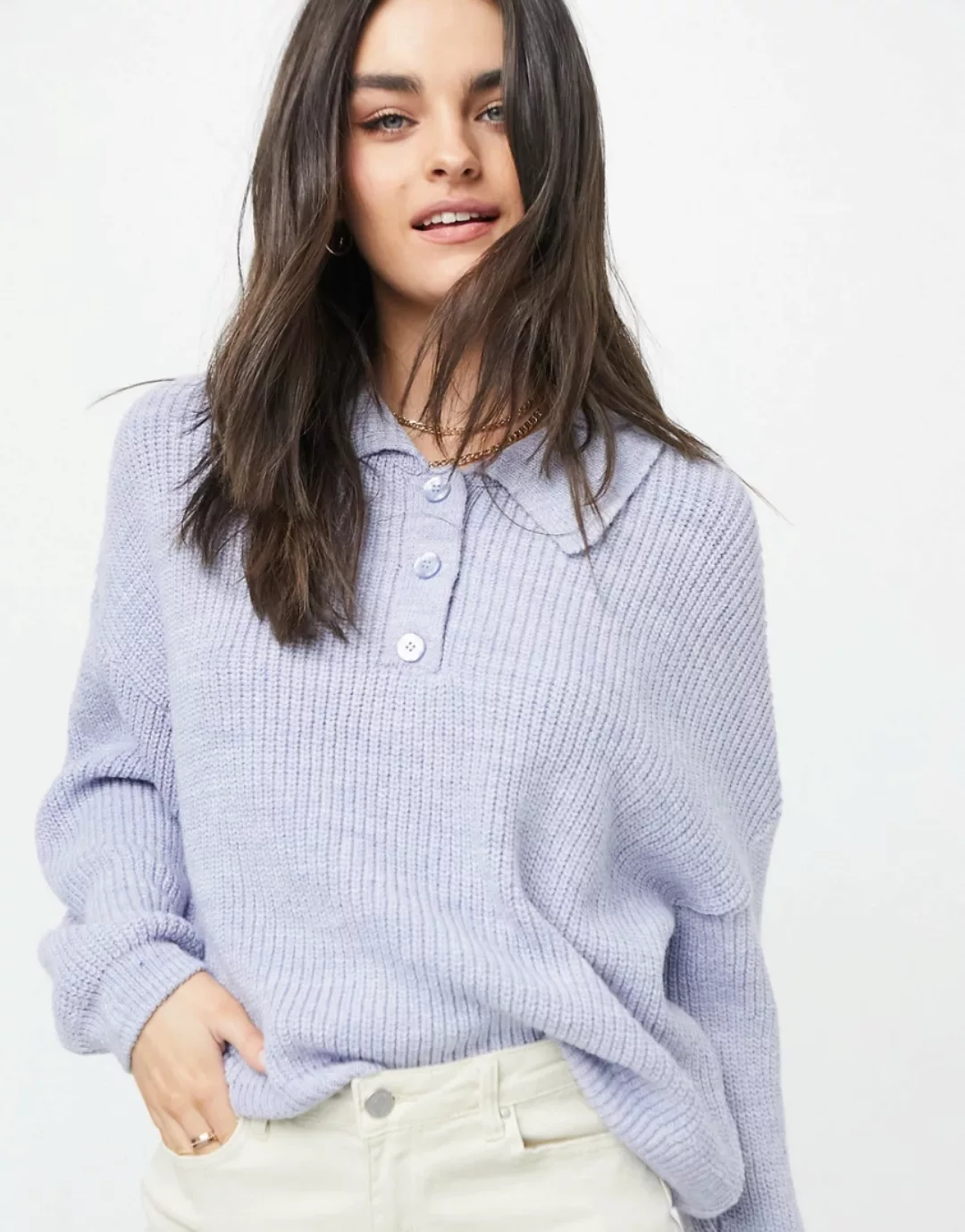 ASOS DESIGN – Pullover in Blau mit Kragen und Knopfleiste günstig online kaufen