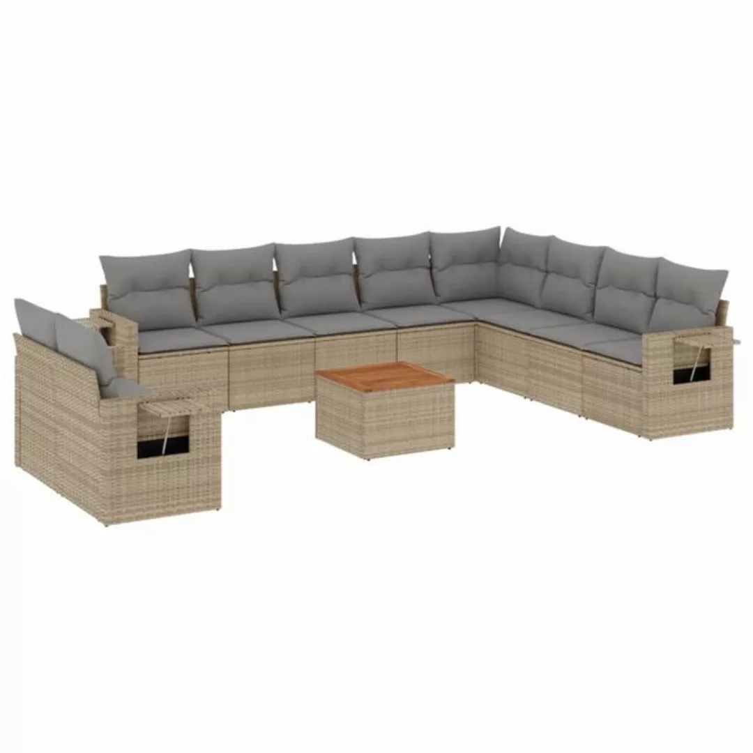 vidaXL Sofaelement 11-tlg. Garten-Sofagarnitur mit Kissen Beige Poly Rattan günstig online kaufen