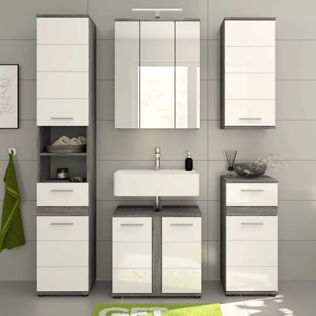 Badezimmermöbelset in Weiß Hochglanz Rauchsilber (fünfteilig) günstig online kaufen