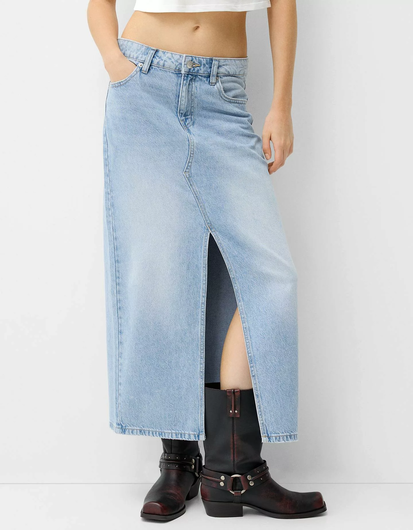 Bershka Langer Jeansrock Damen 32 Ausgewaschenes Blau günstig online kaufen