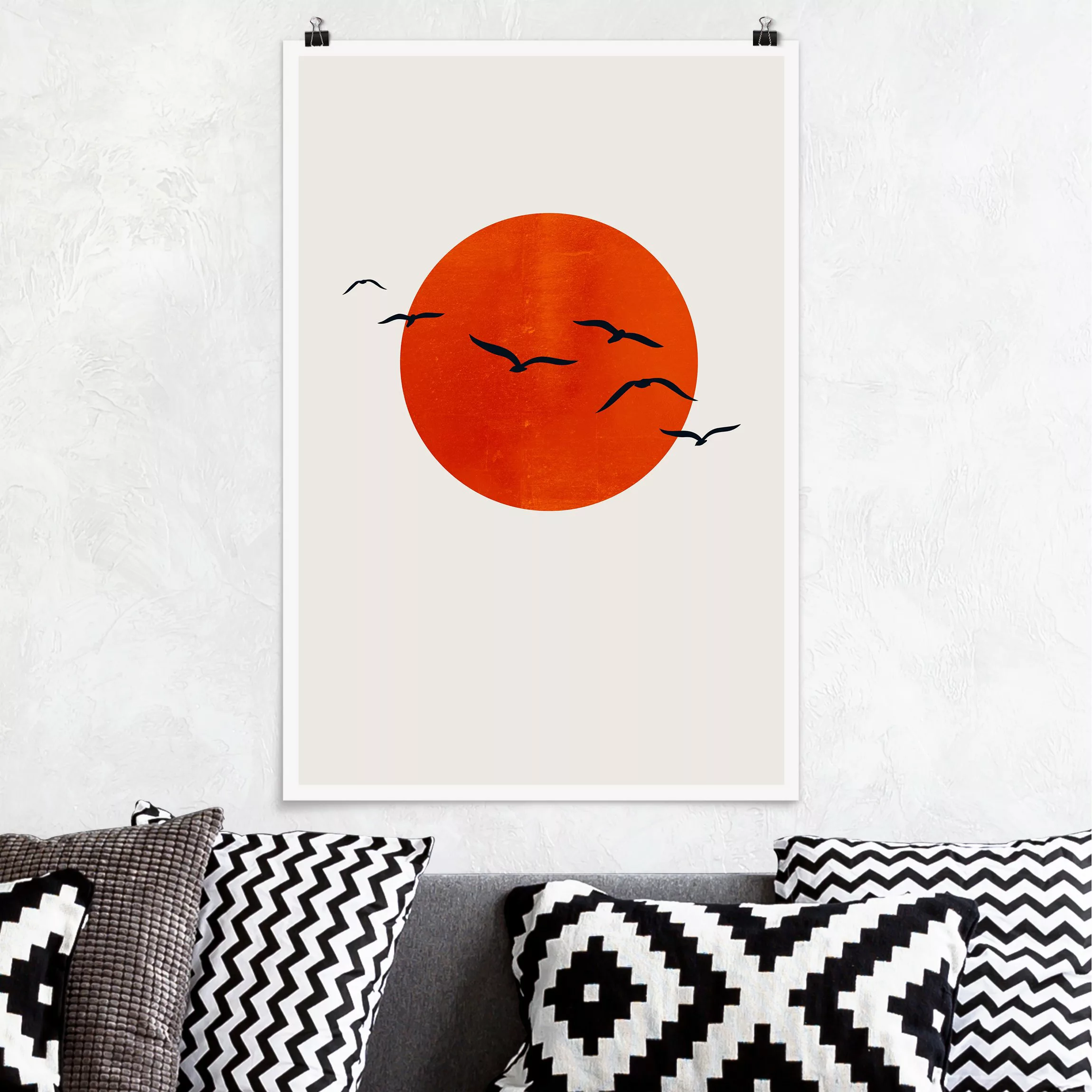 Poster Tiere Vogelschwarm vor roter Sonne I günstig online kaufen