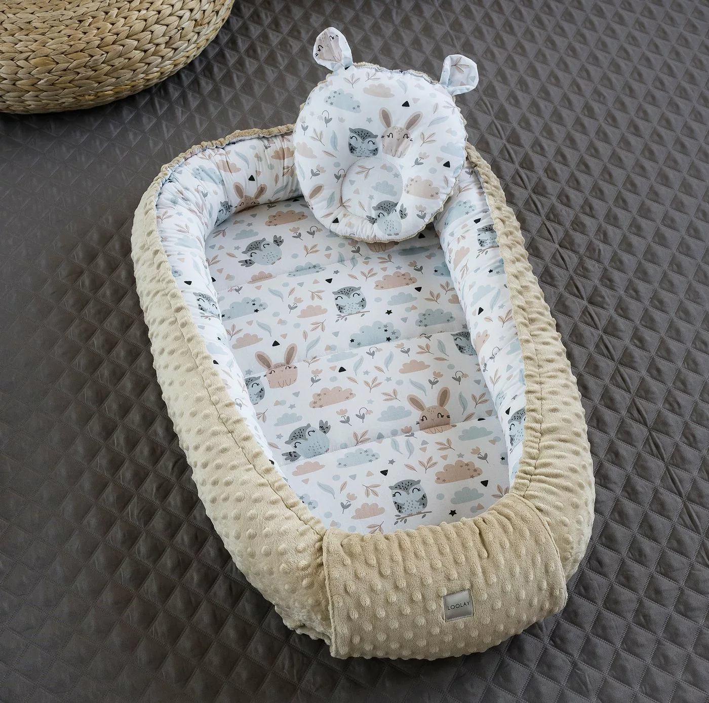 Loolay Baby-Reisebett HASE Beige Weiß/ MINKY Fleece BEIGE Babynest Babyauss günstig online kaufen