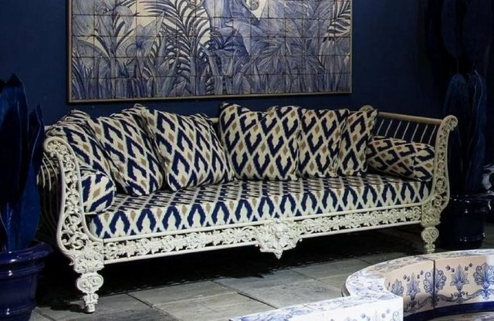 Casa Padrino Sofa Luxus Barock Sofa Weiß / Blau / Gold 212 x 87 x H. 77 cm günstig online kaufen