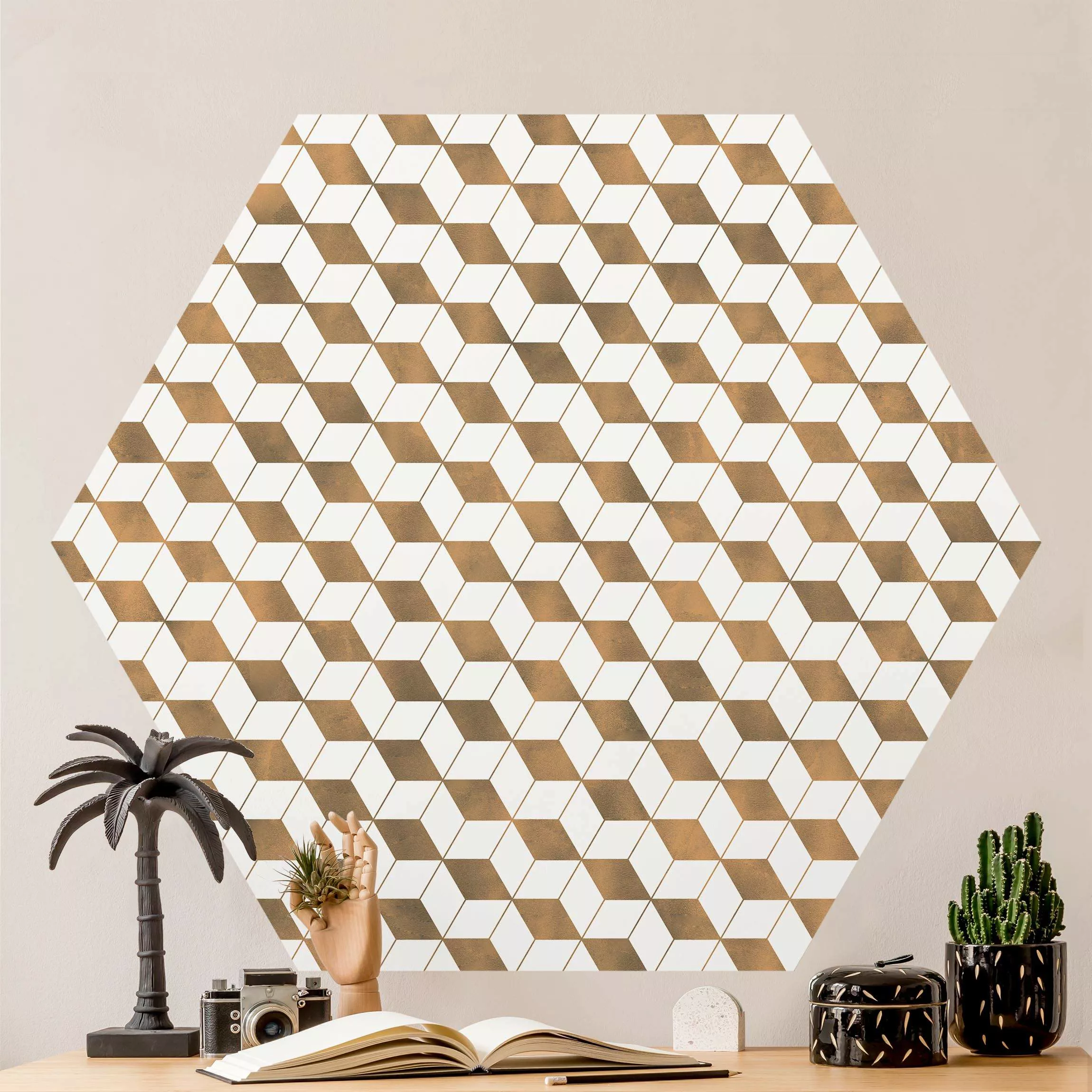 Hexagon Mustertapete selbstklebend Würfel Muster in 3D Gold günstig online kaufen