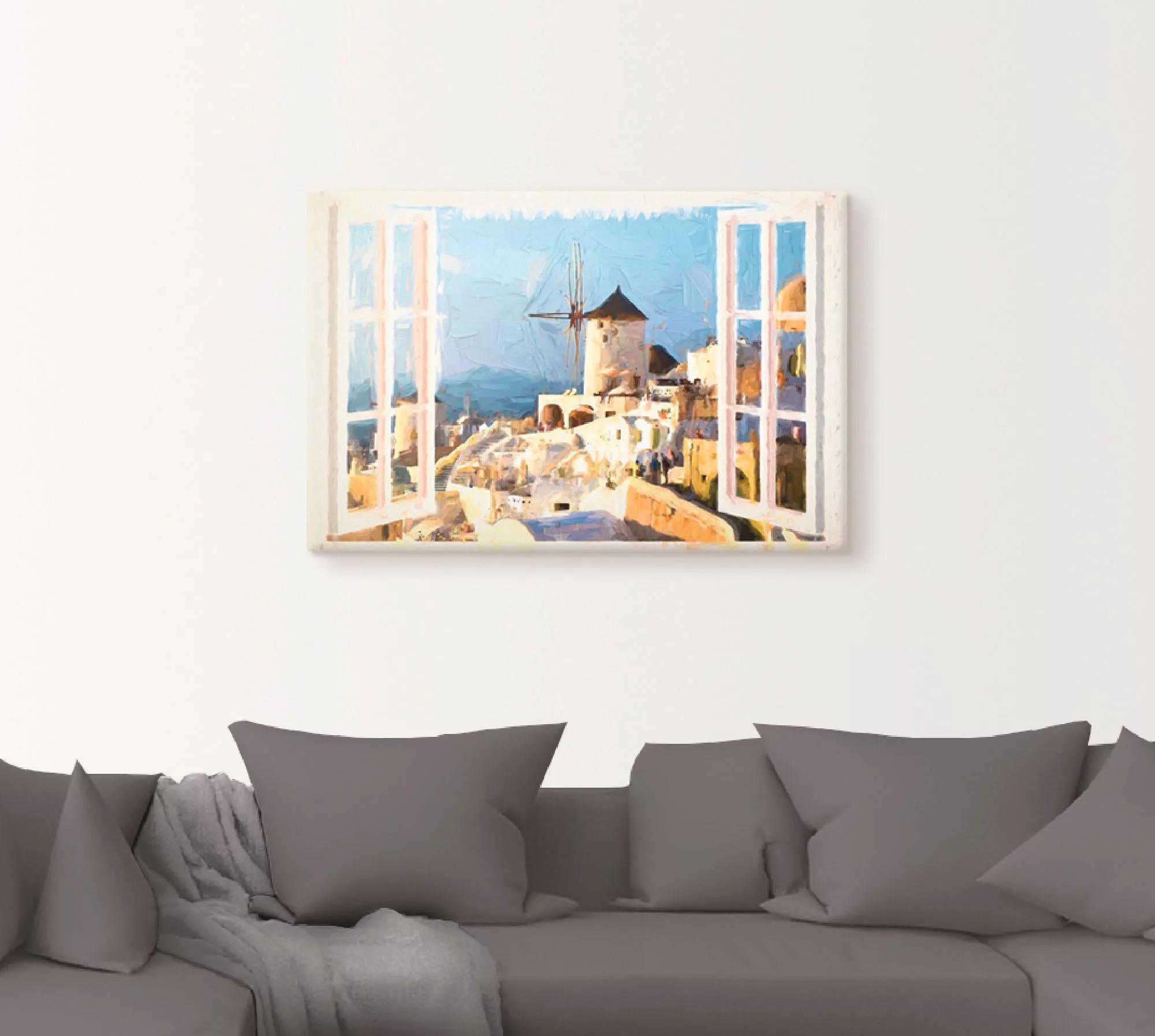 Artland Leinwandbild "Blick durch das Fenster auf Santorin", Fensterblick, günstig online kaufen