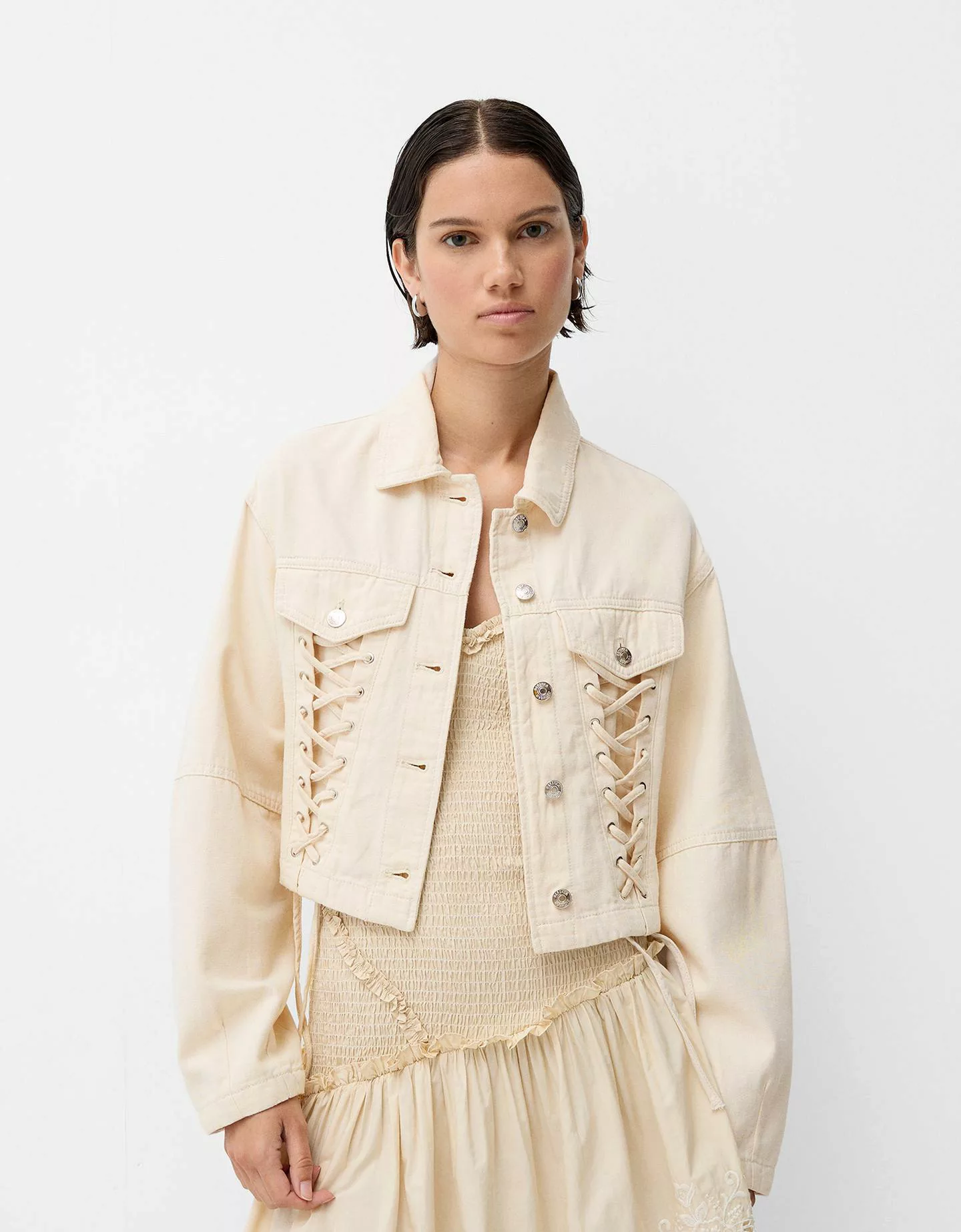 Bershka Jacke Aus Baumwolle Mit Schnürung Damen L Beige günstig online kaufen