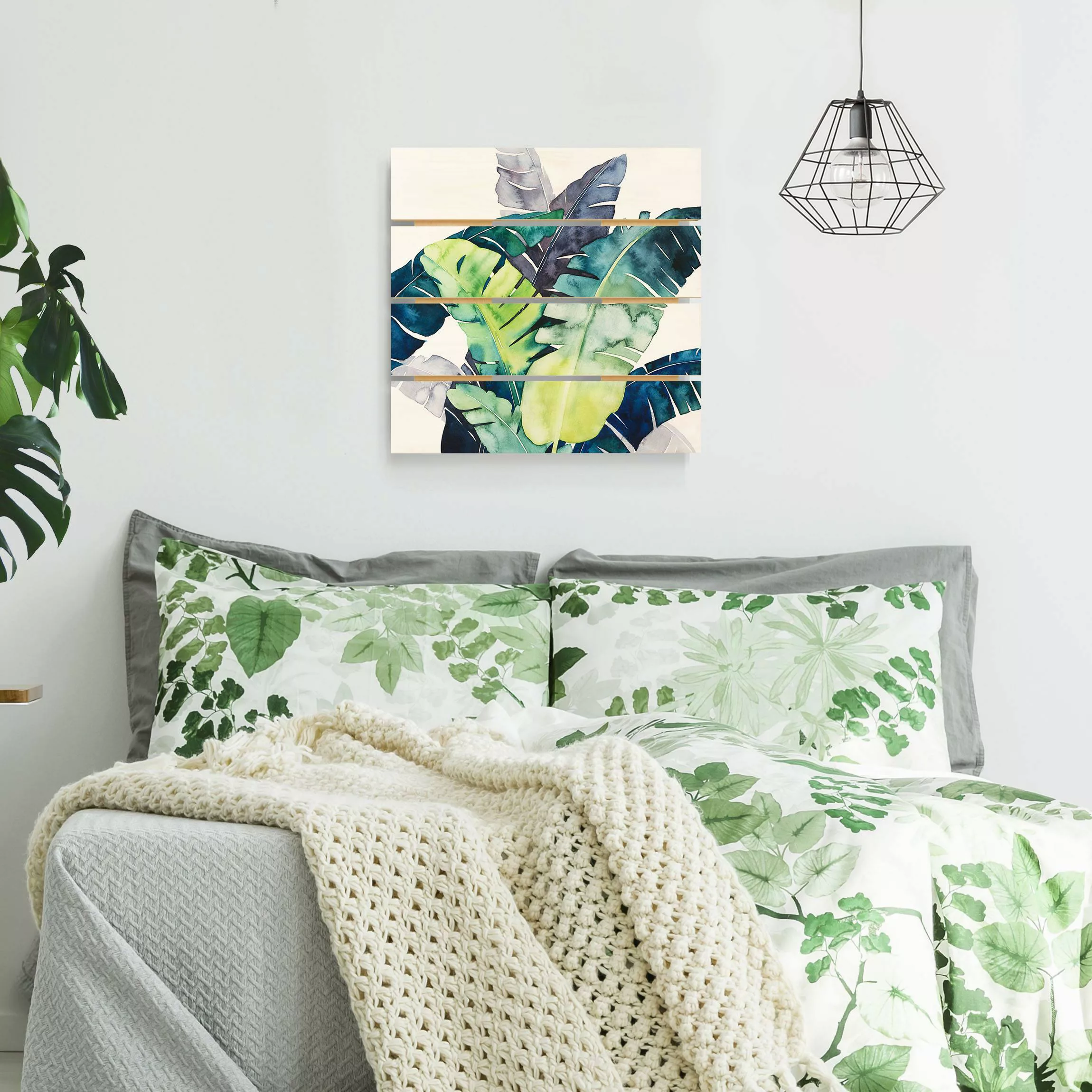 Holzbild Plankenoptik Blumen - Quadrat Exotisches Blattwerk - Banane günstig online kaufen