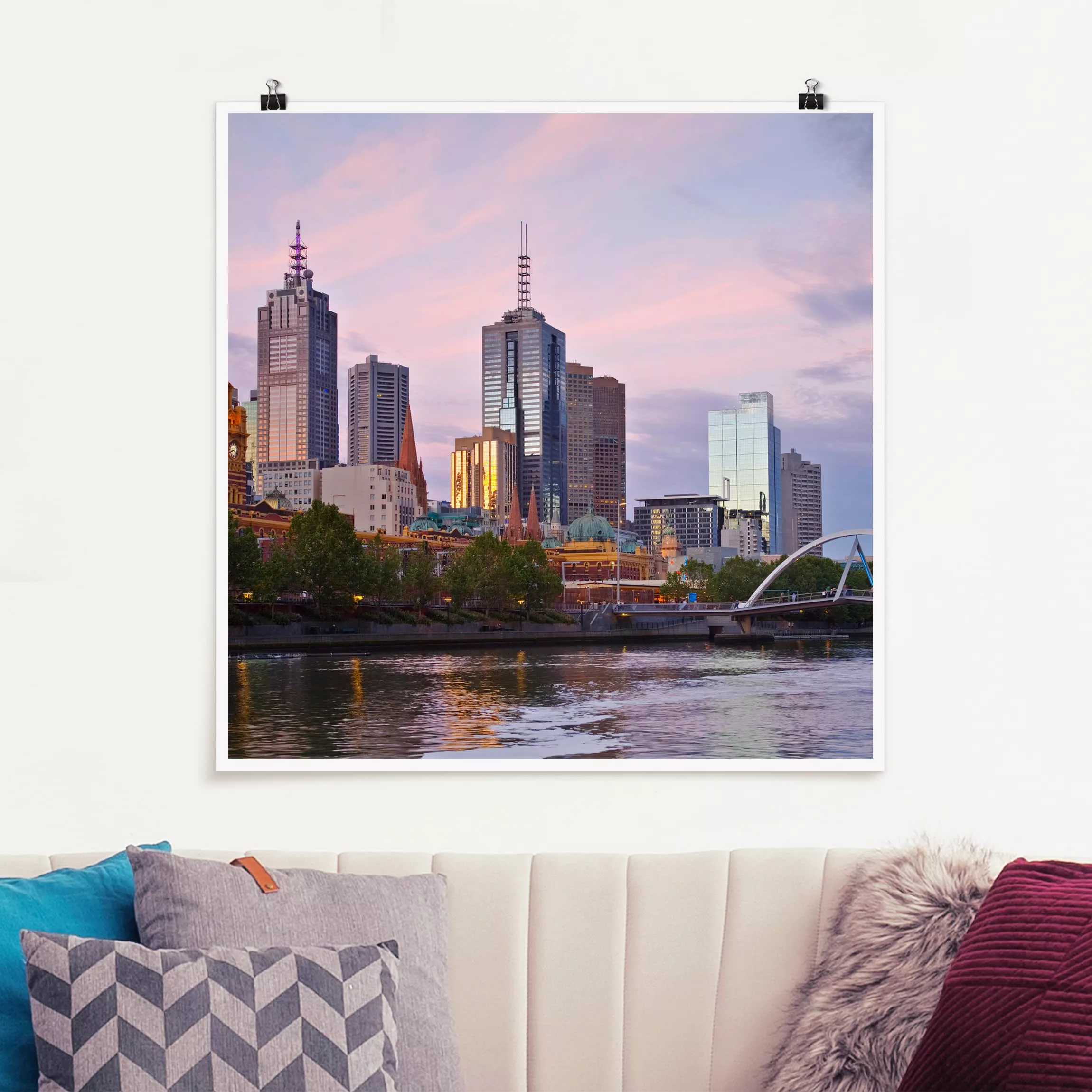 Poster Architektur & Skyline - Quadrat Melbourne im Sonnnenuntergang günstig online kaufen