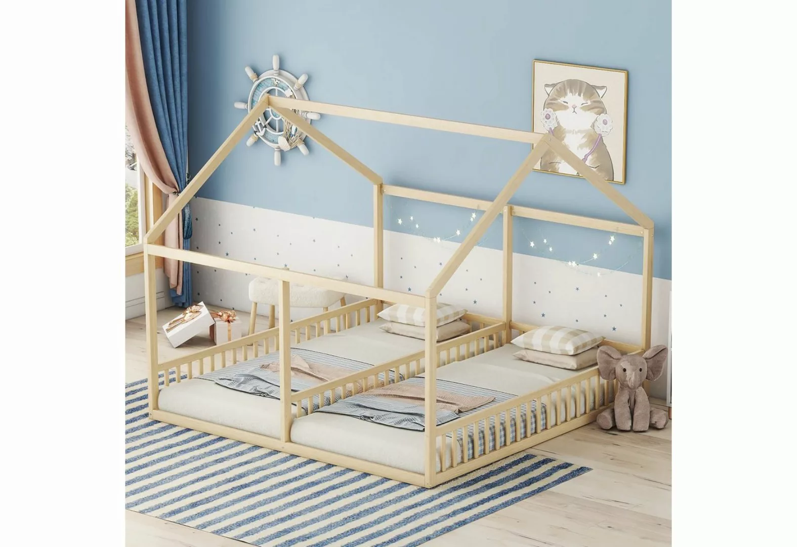 Ulife Kinderbett Massivholz Einzelbett Doppelbett Hausbett, 2-in-1-Betten, günstig online kaufen