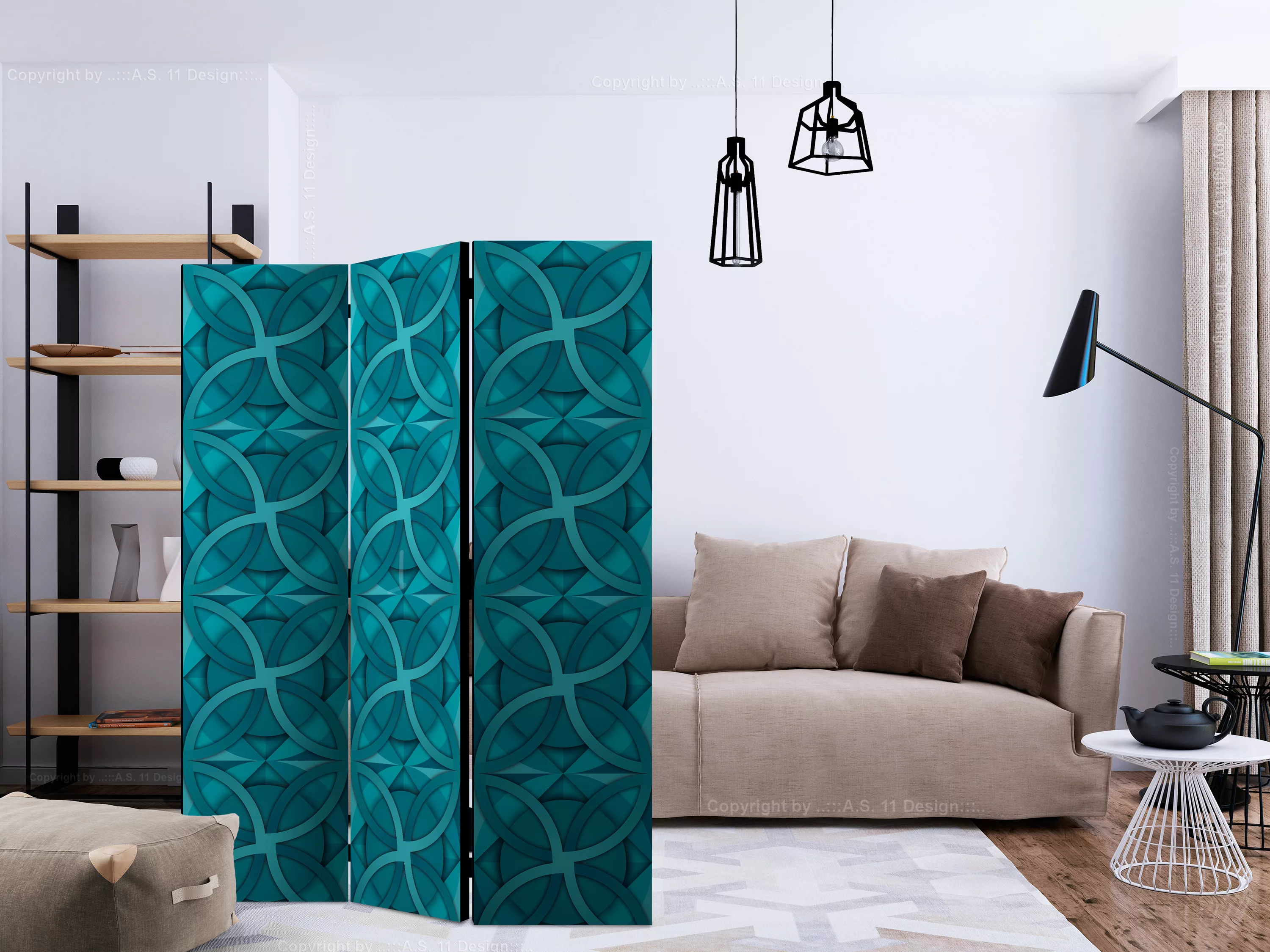 3-teiliges Paravent - Geometric Turquoise [room Dividers] günstig online kaufen