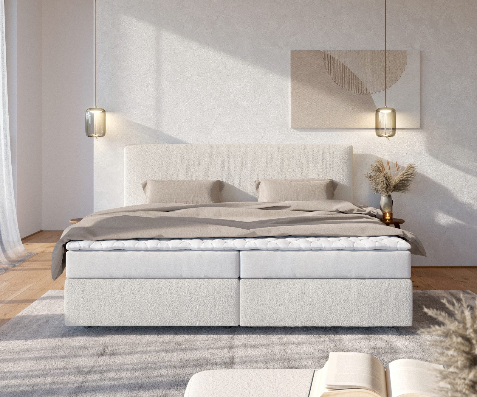 DELIFE Boxspringbett Dream-Well, Bouclé Creme-Weiß 200x200 günstig online kaufen