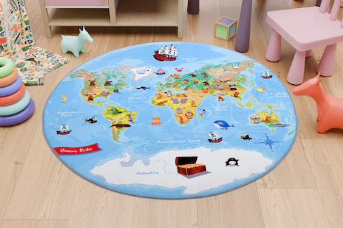 Böing Carpet Kinderteppich »Weltkarte 930«, rund, 6 mm Höhe, Motiv Weltkart günstig online kaufen