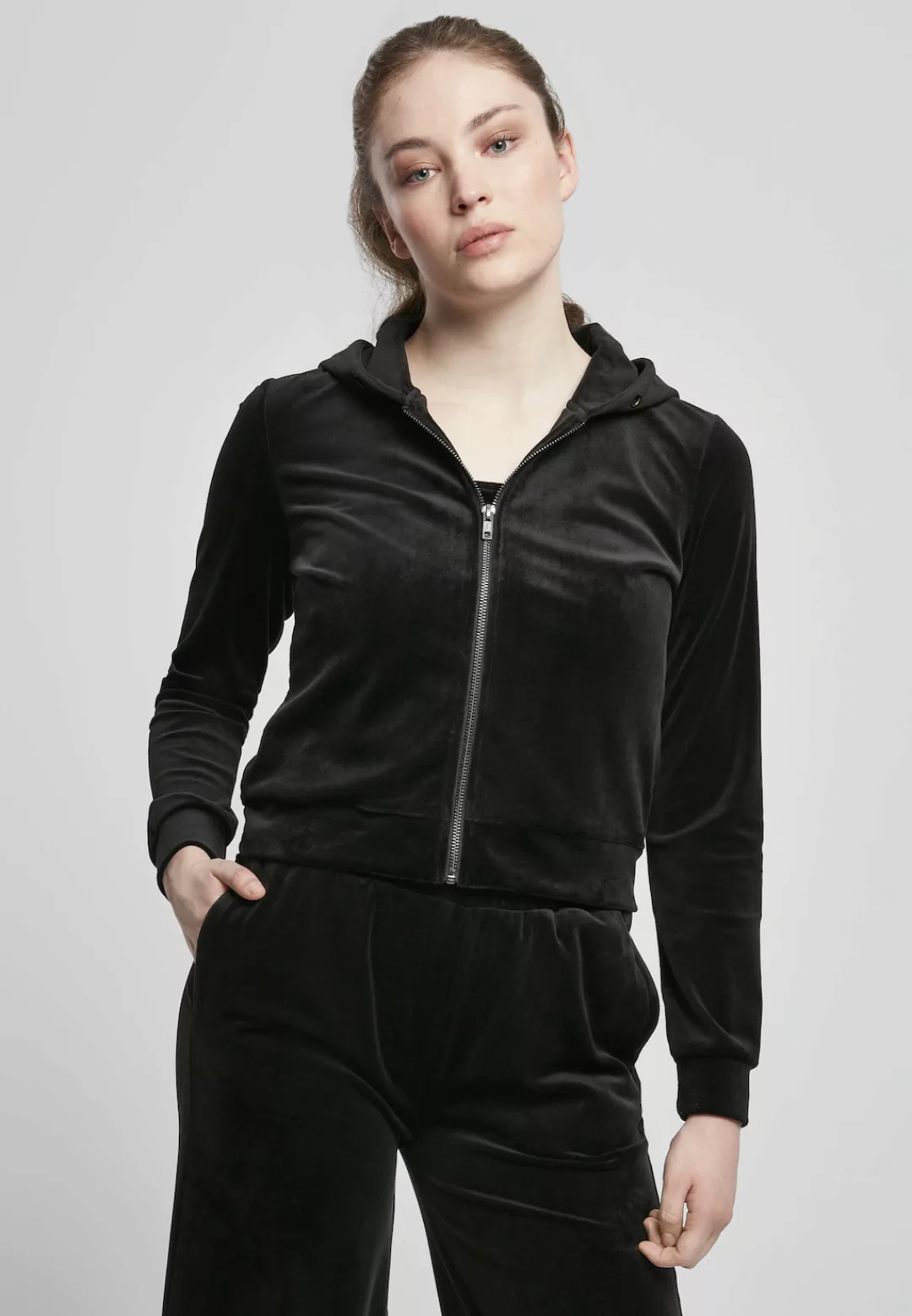 URBAN CLASSICS Sweatjacke "Damen Ladies Short Velvet Zip Hoody", (1 tlg.) günstig online kaufen