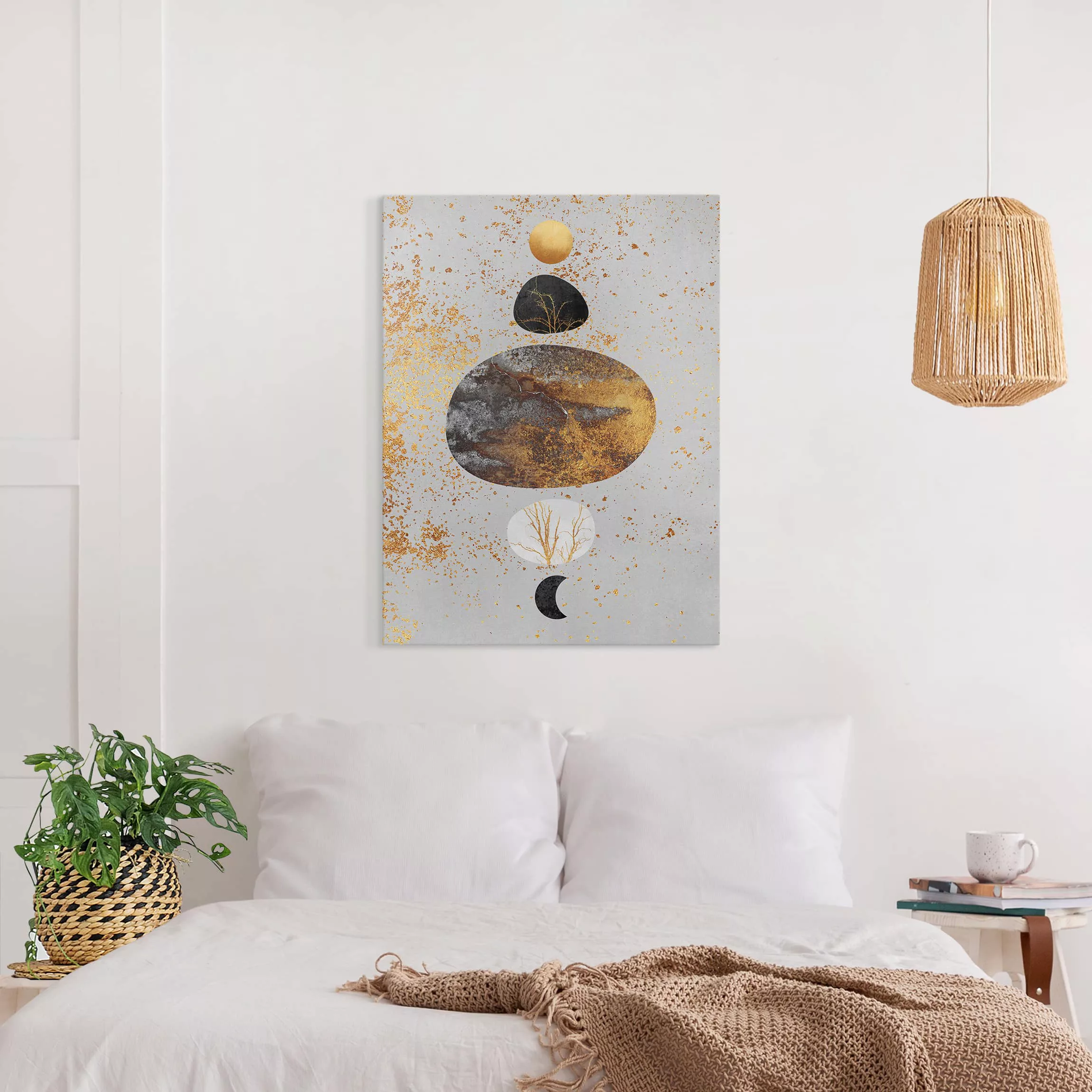 Leinwandbild Abstrakt - Hochformat Sonne und Mond in Goldglanz günstig online kaufen