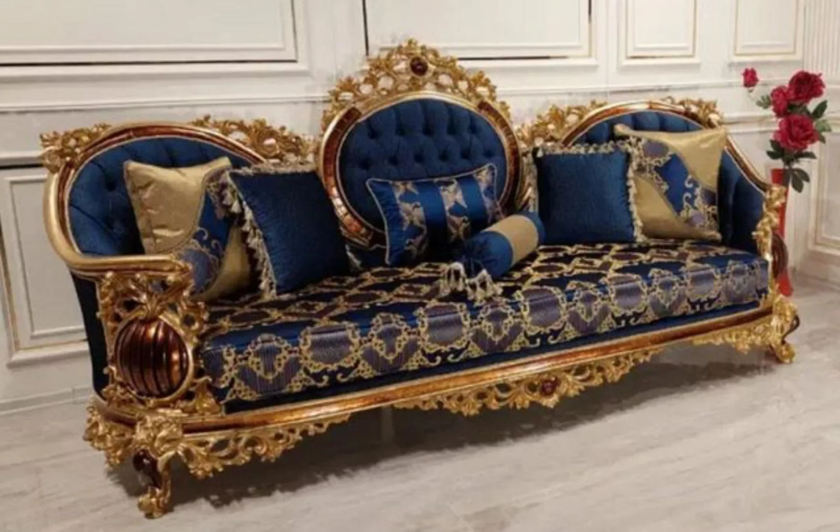 Casa Padrino Sofa Luxus Barock Sofa Blau / Gold / Braun - Prunkvolles Wohnz günstig online kaufen