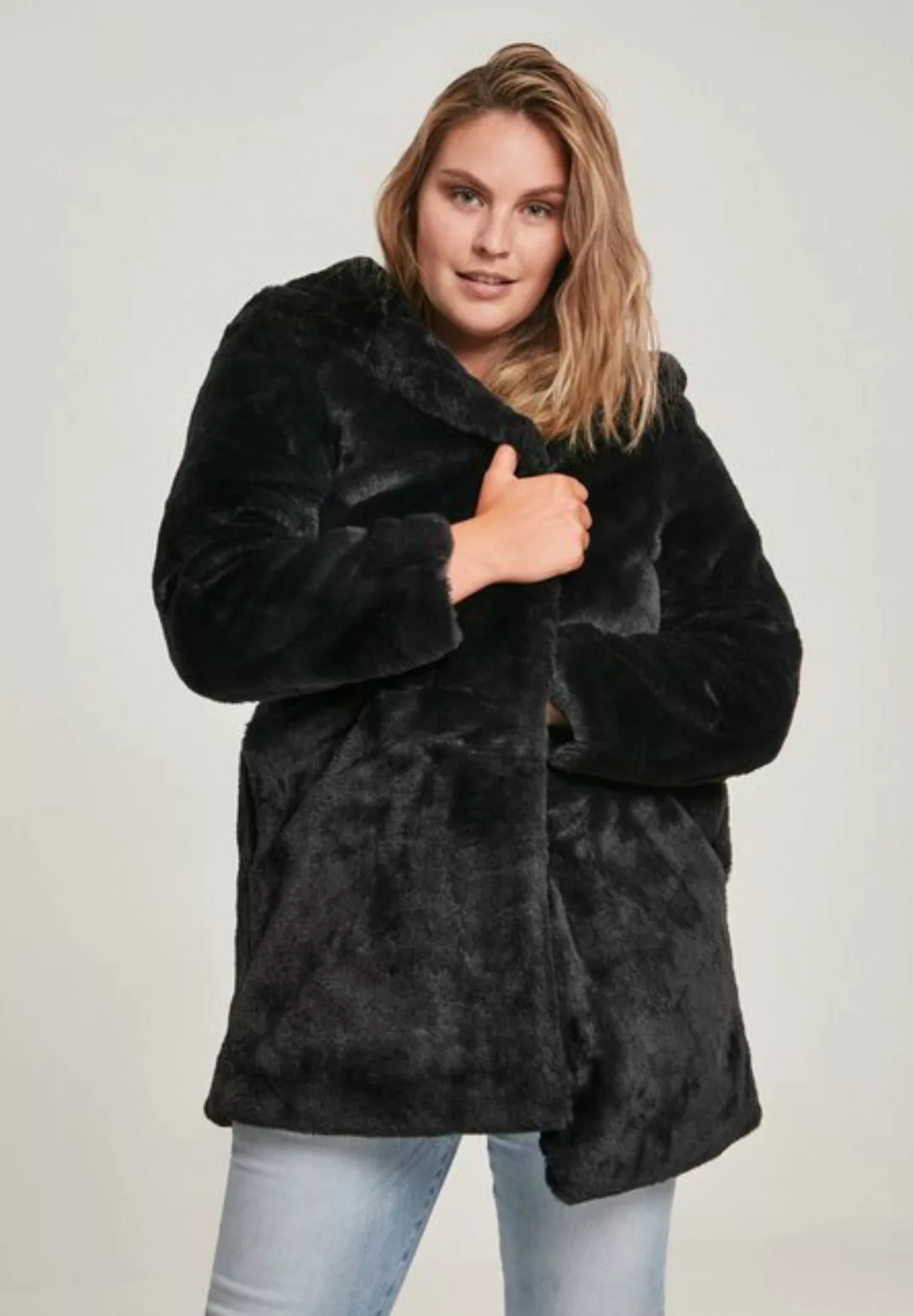 URBAN CLASSICS Fellimitatmantel TB2375 - Ladies Hooded Teddy Coat black 4XL günstig online kaufen