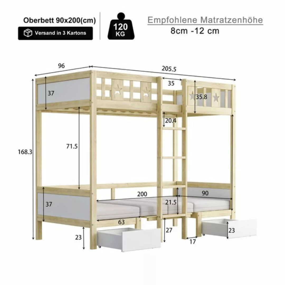 Flieks Etagenbett, Kinderbett 90x200cm mit umwandelbarem Unterbett und 2 Sc günstig online kaufen