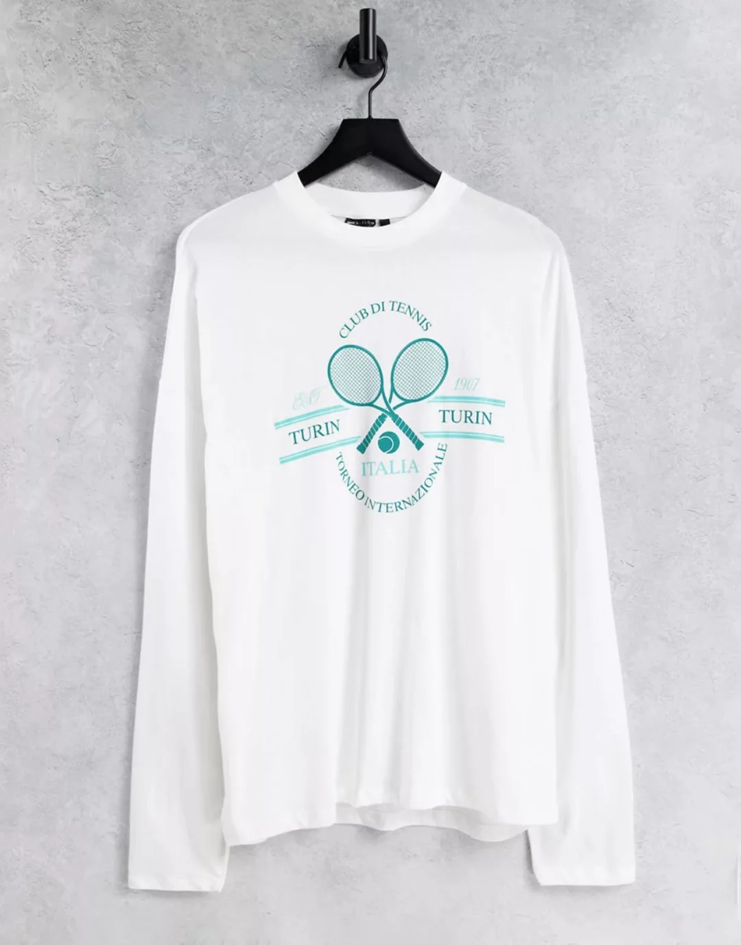 ASOS DESIGN – Langärmliges Oversize-Shirt aus Bio-Baumwolle in Weiß mit Ten günstig online kaufen