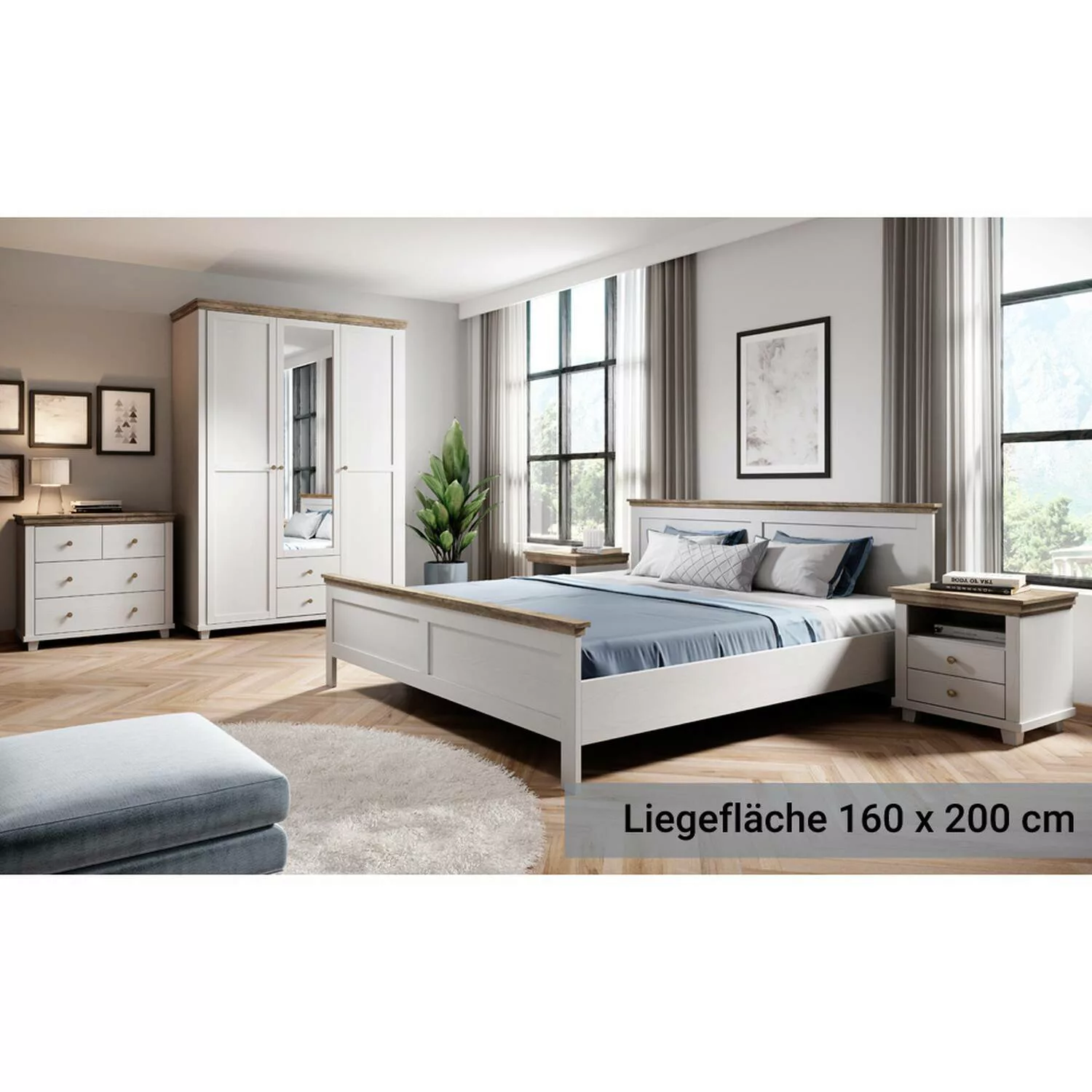 Schlafzimmer Komplett Set Landhausstil EPSOM-83 Doppelbett Liegefläche 160 günstig online kaufen