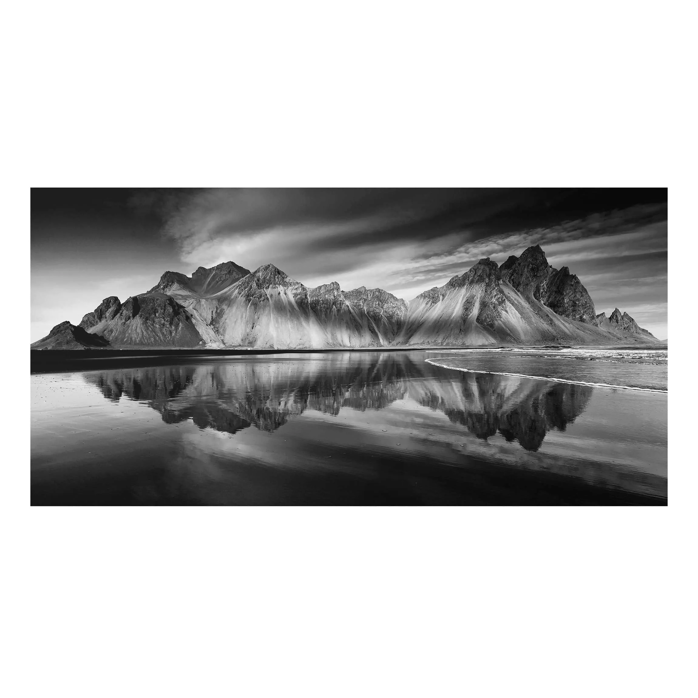 Alu-Dibond Bild Schwarz-Weiß - Querformat Vesturhorn in Island günstig online kaufen