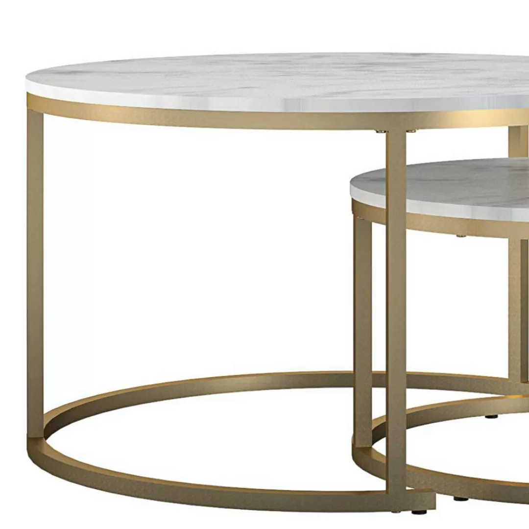 Rundes Wohnzimmer Tisch Set in Hellgrau Marmor Optik Goldfarben (zweiteilig günstig online kaufen