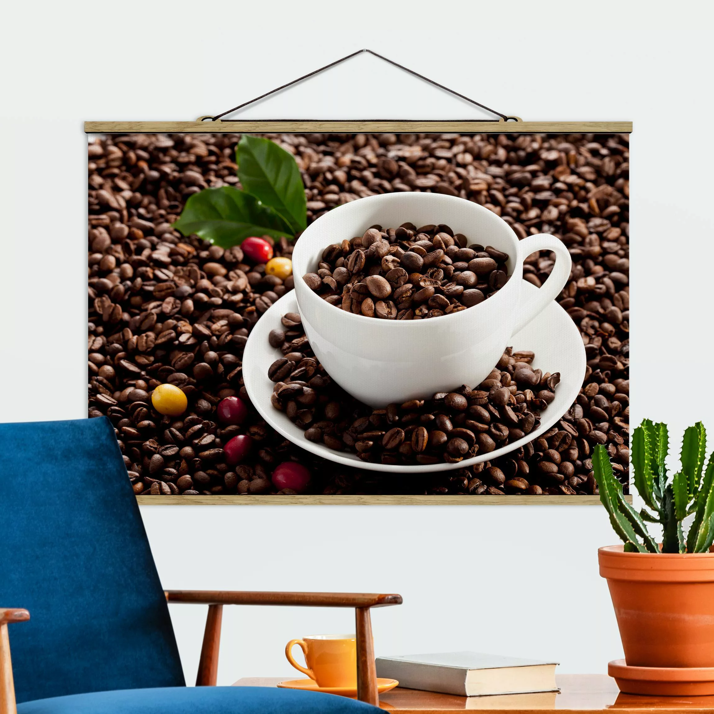 Stoffbild Küche mit Posterleisten - Querformat Kaffeetasse mit gerösteten K günstig online kaufen