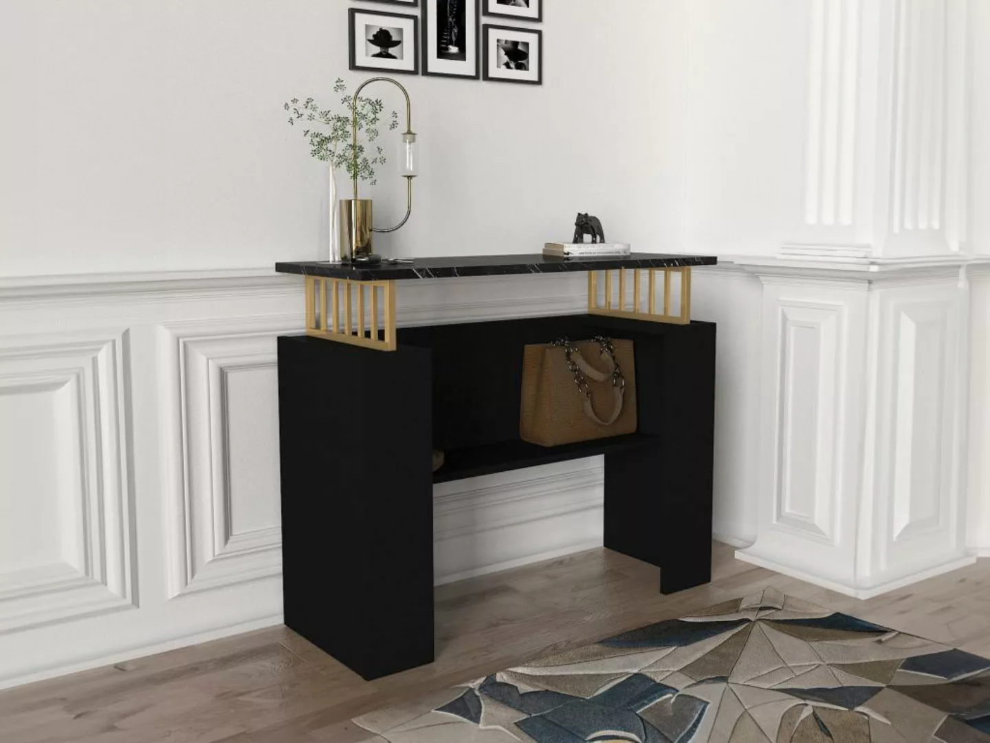 Wandkonsole mit 1 Regal - Schwarze Marmor-Optik & Goldfarben - LIRIONA günstig online kaufen