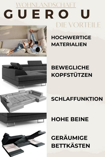 Labett Ecksofa Ecksofa mit Schlaffunktion & Bettkasten GUERO U-Form günstig online kaufen