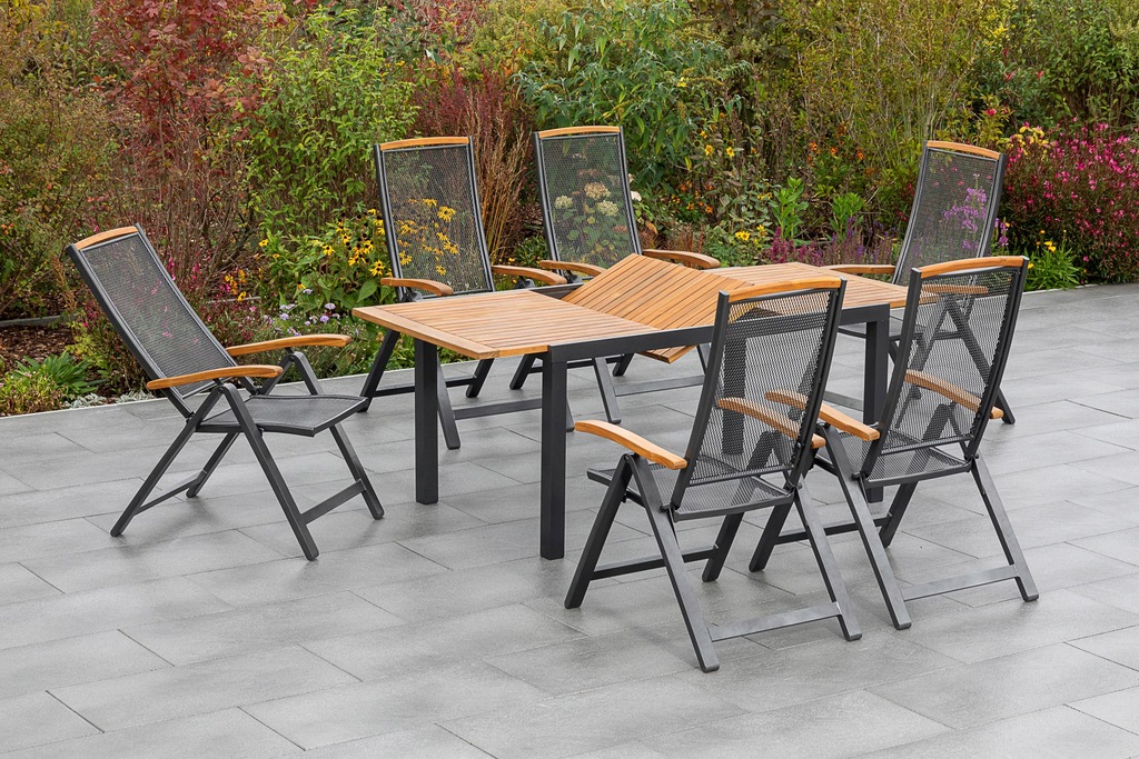 MERXX Garten-Essgruppe "Tilos", (7 tlg.), 6 Klappsessel mit ausziehbarem Ti günstig online kaufen