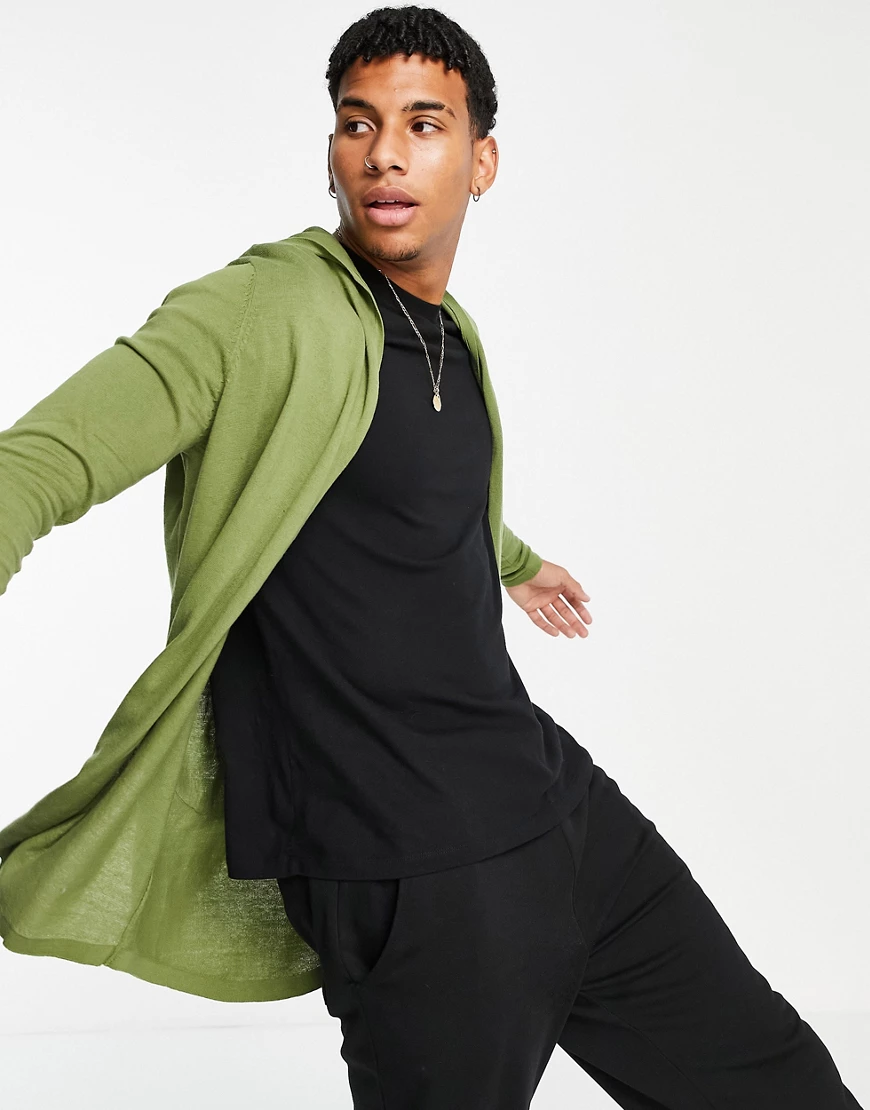 ASOS DESIGN – Strickjacke in Khaki mit Kapuze-Grün günstig online kaufen