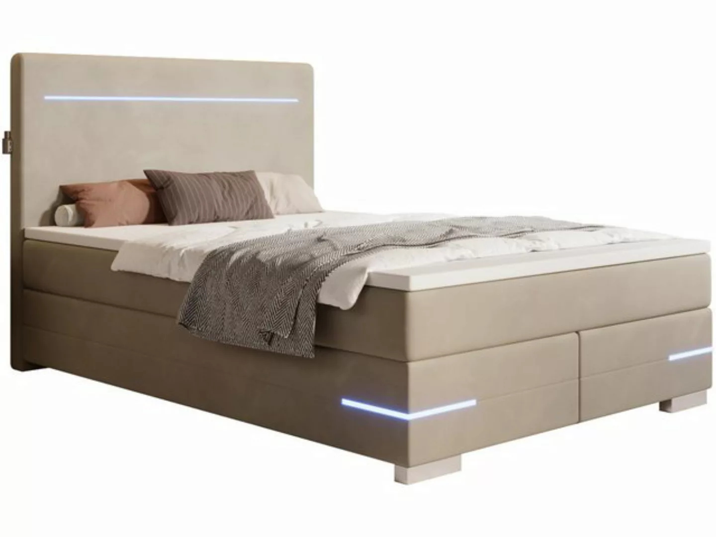 wonello Boxspringbett Portland, Samt Bett mit LED-Beleuchtung, 2x USB-Ansch günstig online kaufen