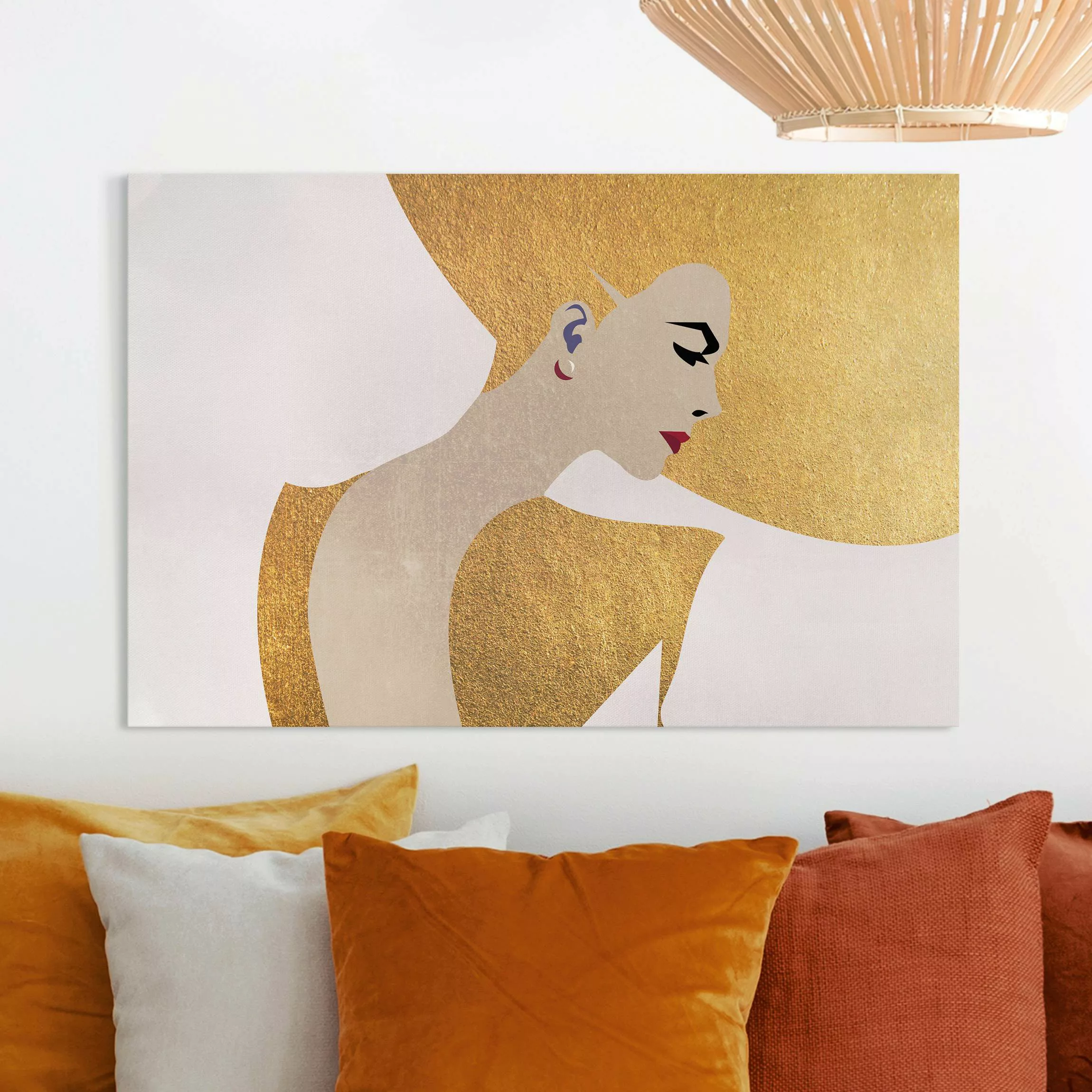 Leinwandbild Dame mit Hut in Gold günstig online kaufen