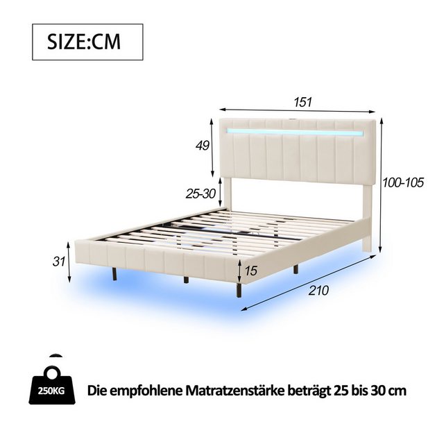 Ulife Polsterbett Doppelbett gepolsterter Schwebebett Rahmen mit LED-Leucht günstig online kaufen