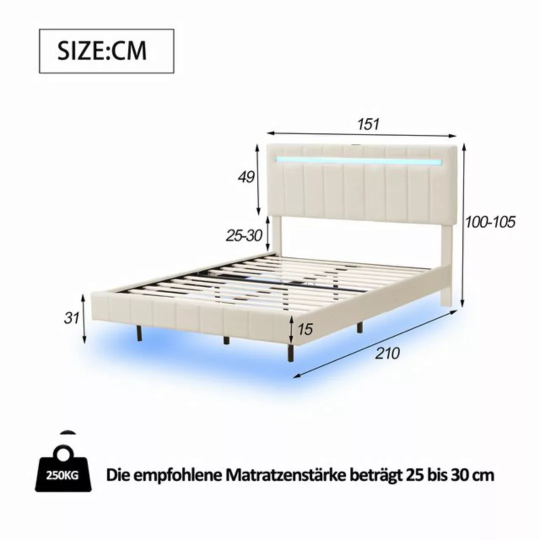 Gotagee Polsterbett Doppelbett 140x200cm mit LED Gästebett Schwebebett Beig günstig online kaufen