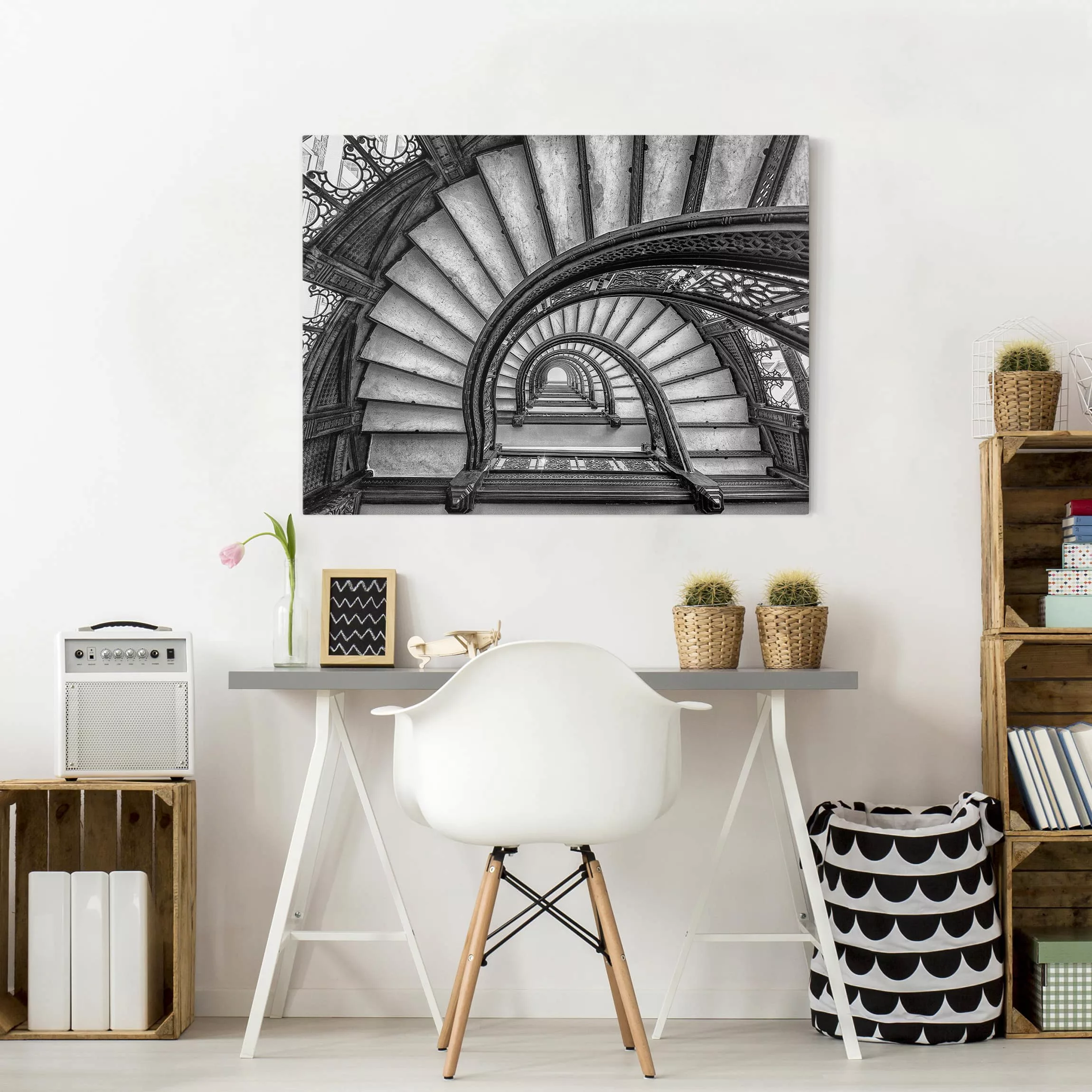 Leinwandbild Schwarz-Weiß - Querformat Chicagoer Treppenhaus günstig online kaufen