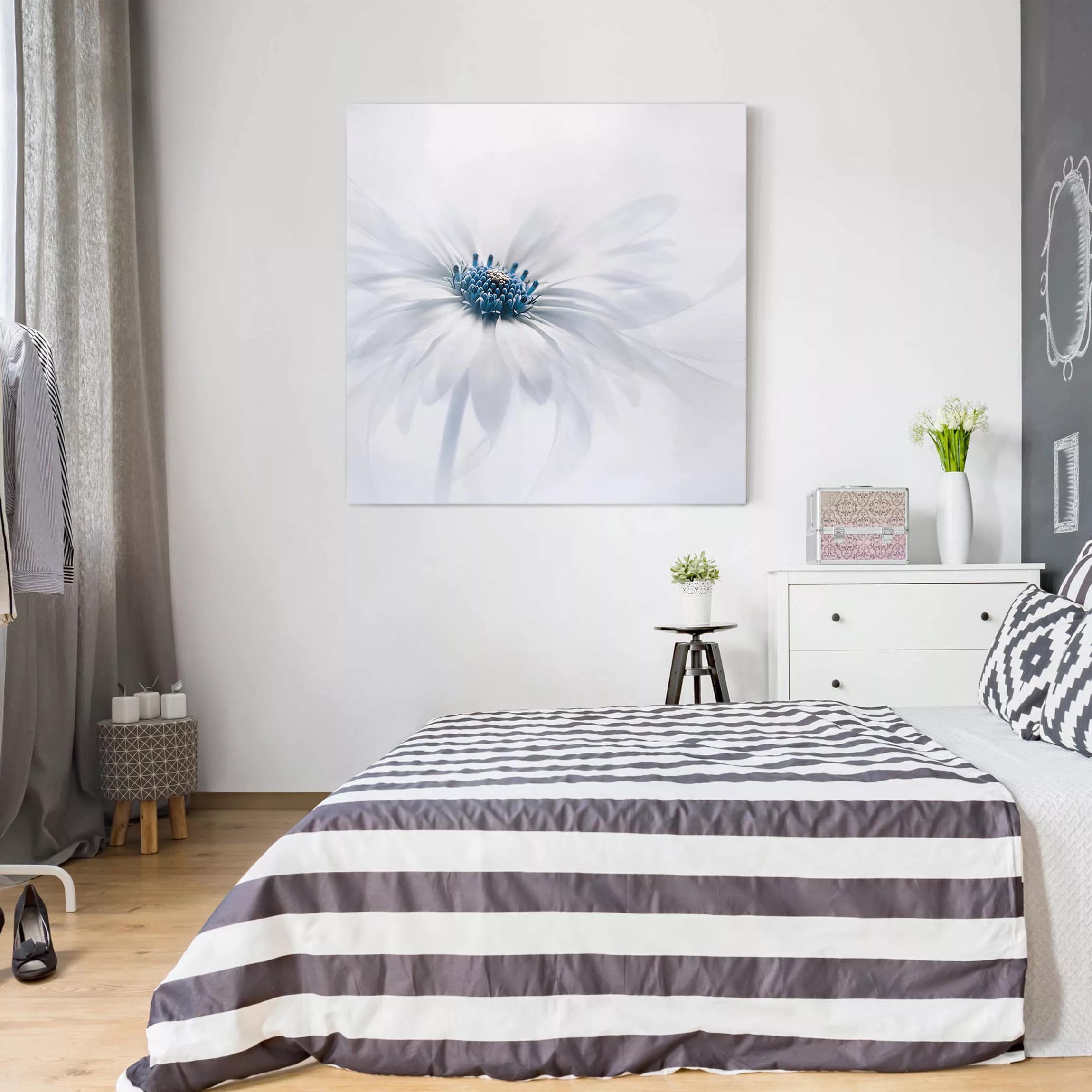 Leinwandbild Blumen - Quadrat Gänseblümchen in Blau günstig online kaufen
