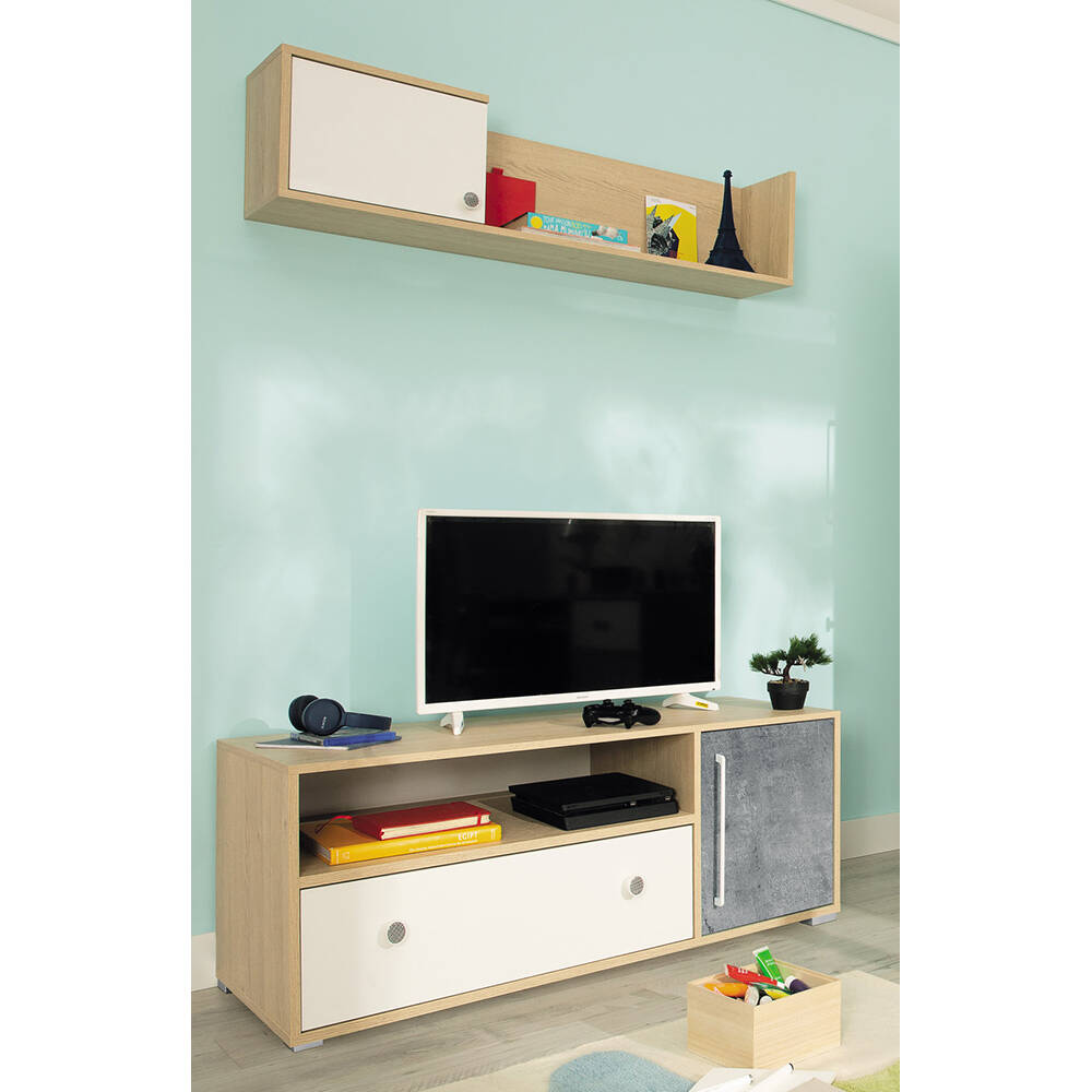 Jugendzimmer Lowboard mit Wandboard SPOKANE-133 in Eiche mit weiß und Beton günstig online kaufen