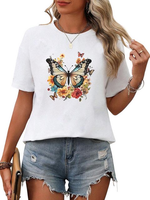 PYL Kurzarmshirt Damen Sommer Kurzarmbluse Locker Schmetterling Print-Shirt günstig online kaufen