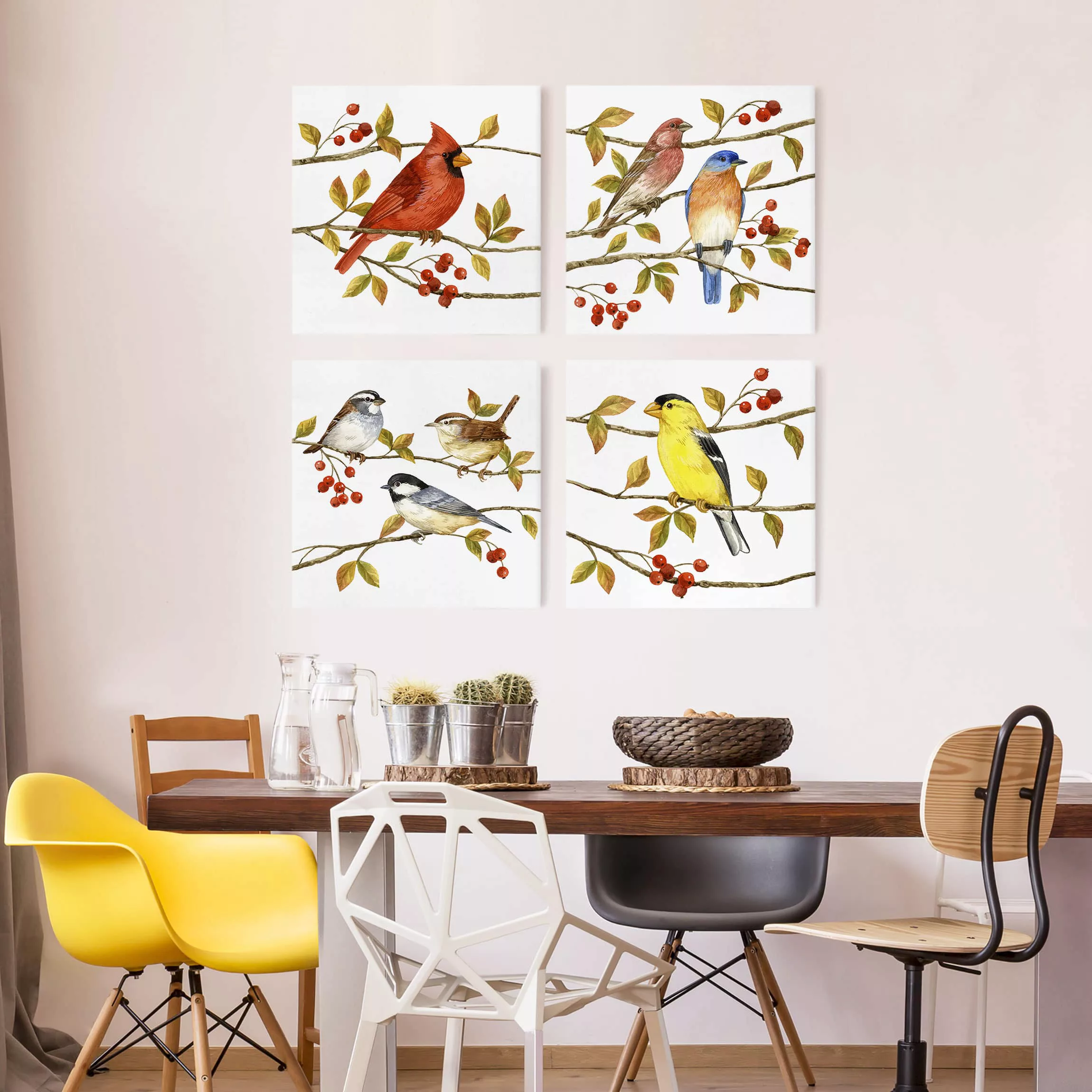 4-teiliges Leinwandbild Tiere - Quadrat Vögel und Beeren Set II günstig online kaufen