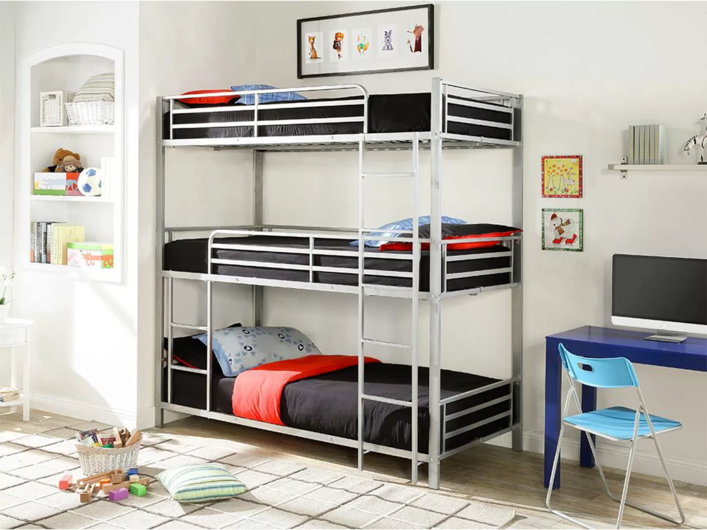 Etagenbett mit Matratze - 3 Personen - 3 x 90 x 190 cm - Metall - Silberfar günstig online kaufen