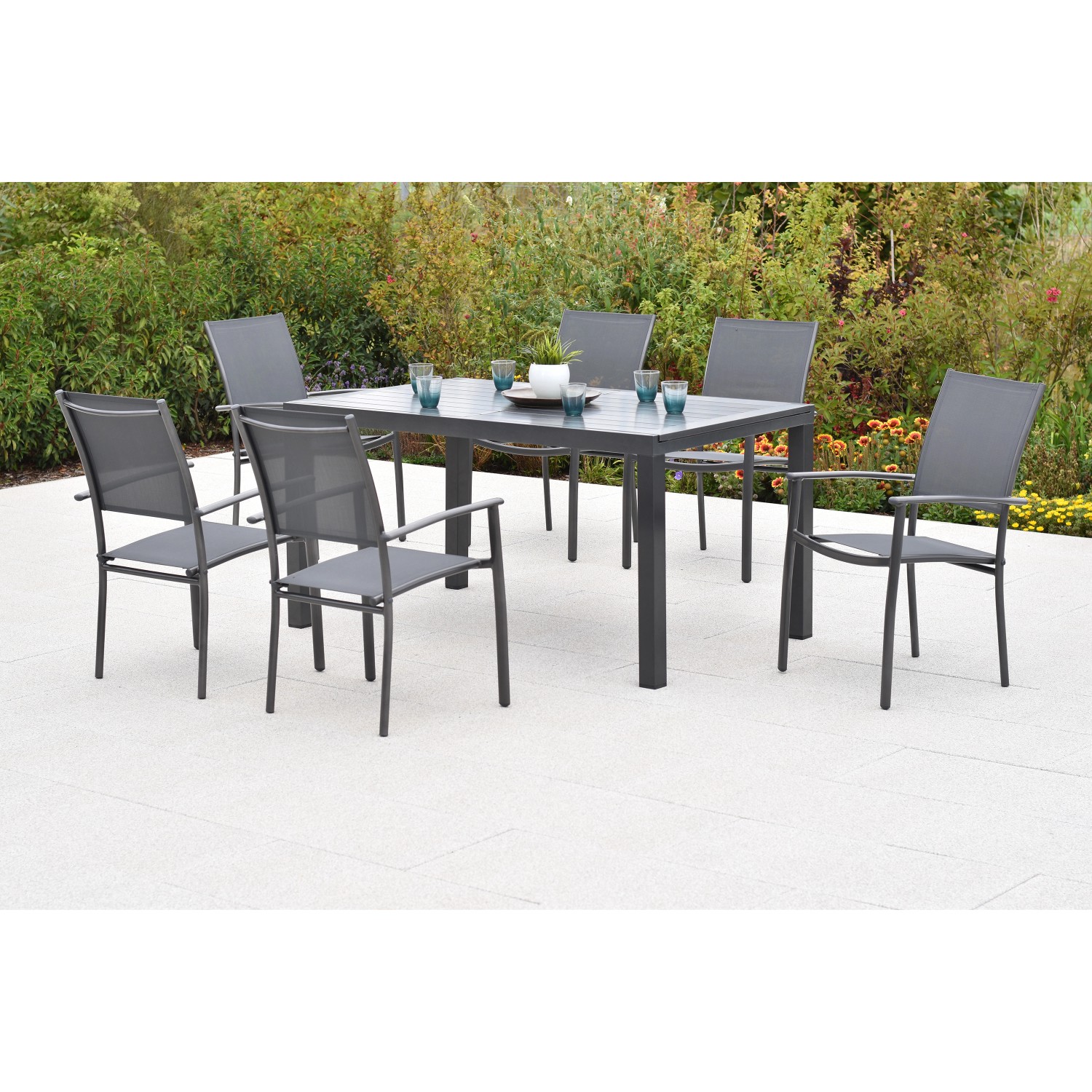 Merxx Milano Set 7-tlg. 6 Stapelsessel Gartentisch Ausziehbar 150 (200) x 9 günstig online kaufen